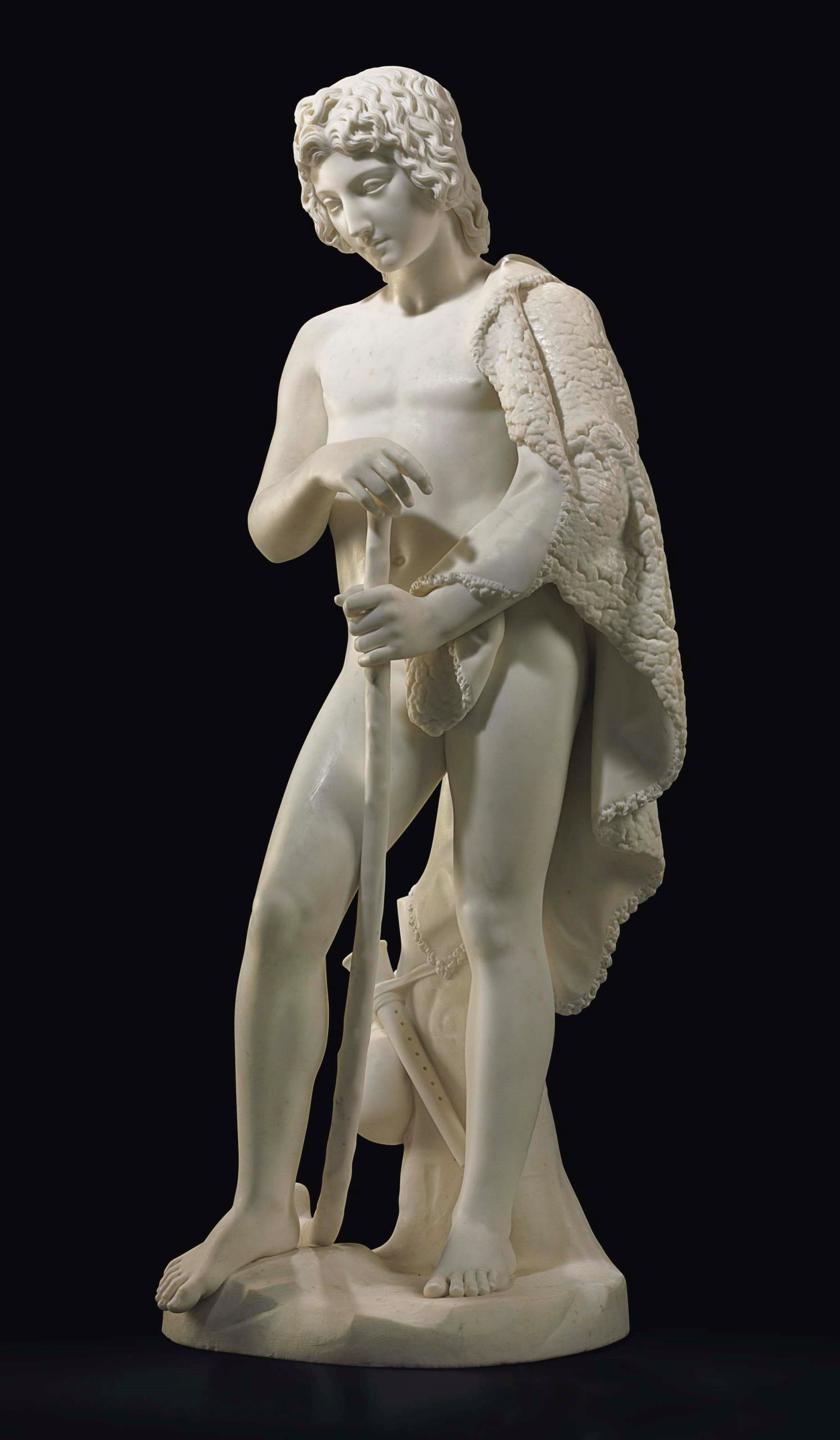 AN ENGLISH WHITE MARBLE FIGURE OF A SHEPHERD