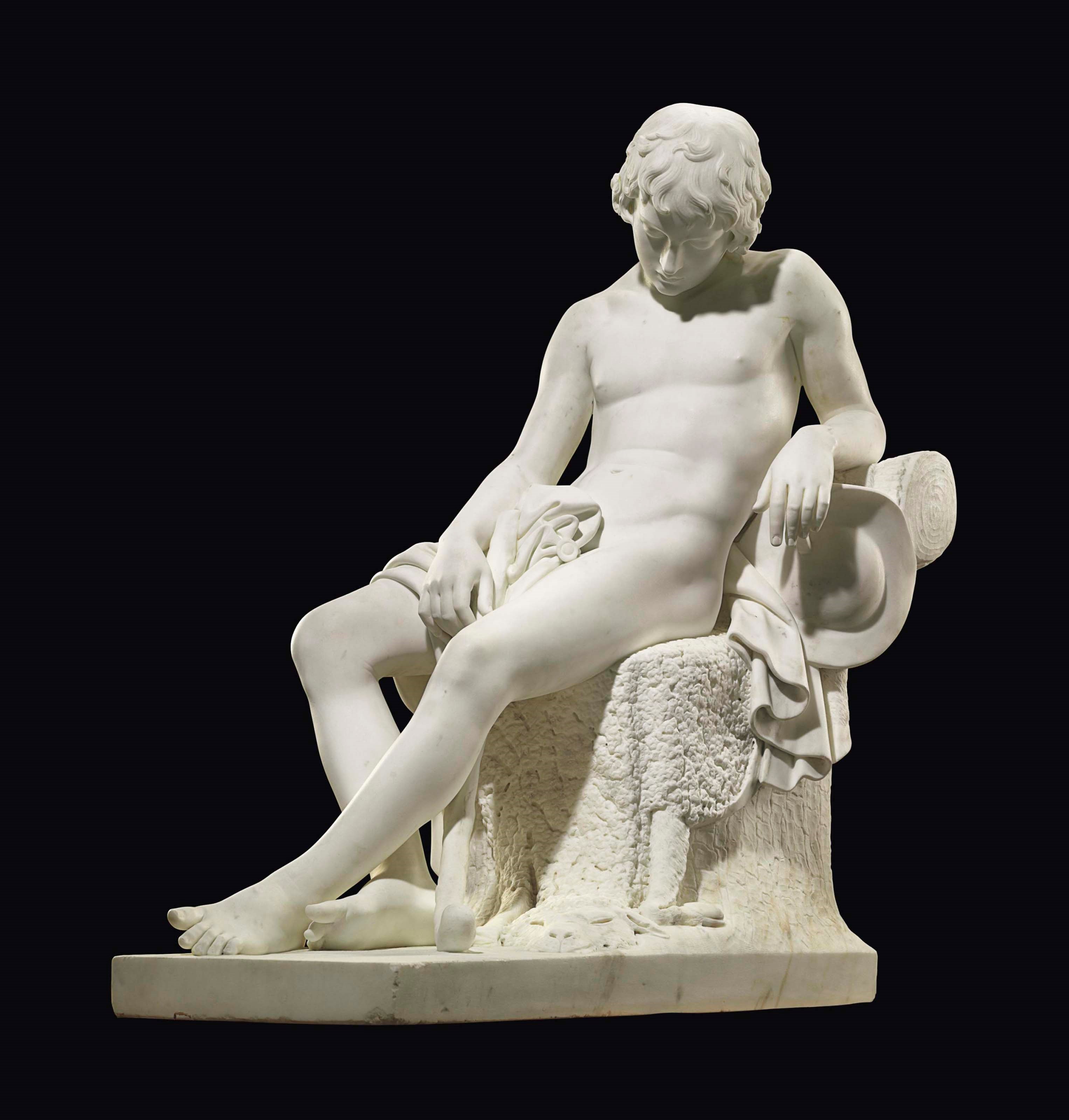 A LIFE-SIZE ENGLISH MARBLE FIGURE ENTITLED 'THE SLEEPING SHEPHERD BOY'