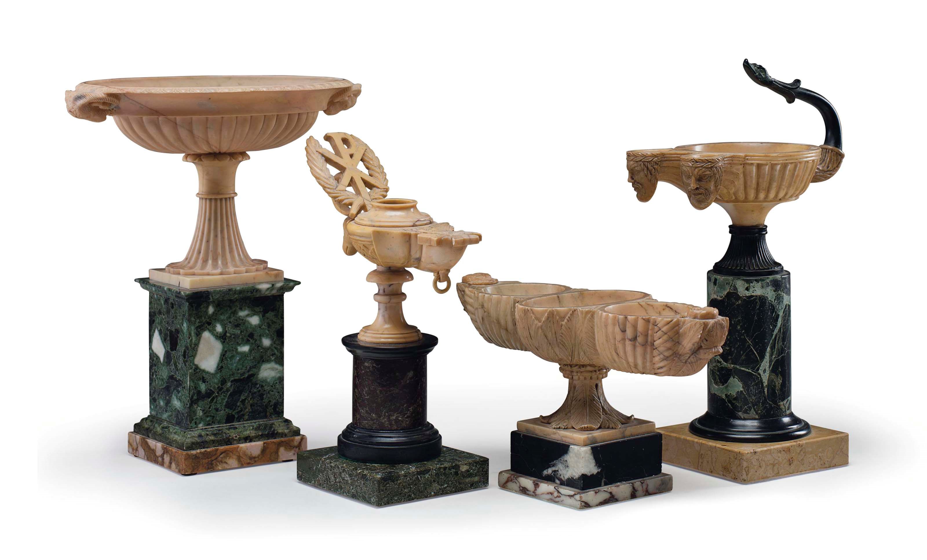 A GROUP OF FOUR SIENA MARBLE, GIALLO ANTICO, VERDE ANTICO AND SPECIMEN MARBLE GRAND TOUR OBJECTS