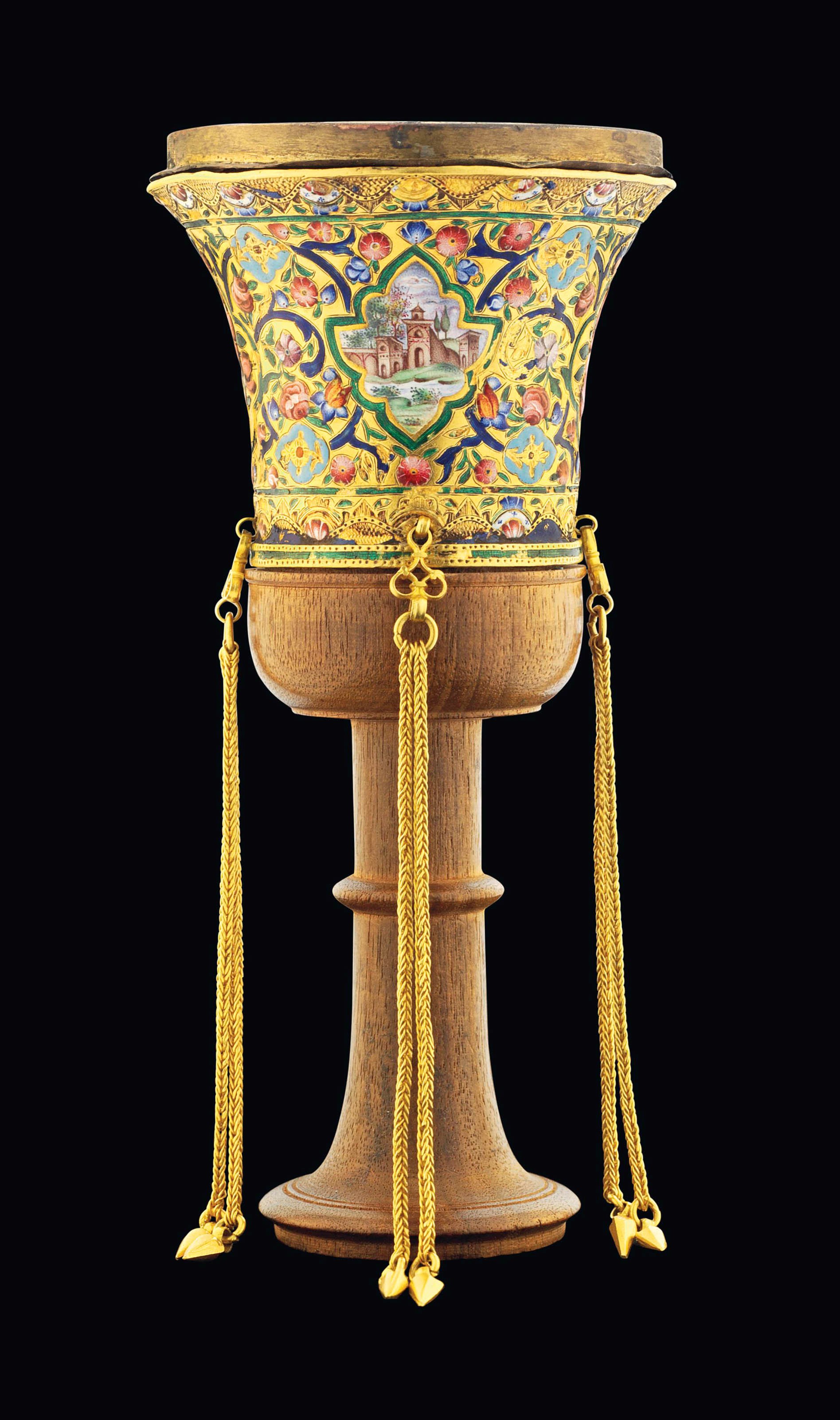 A QAJAR ENAMELLED GOLD QALIAN BOWL