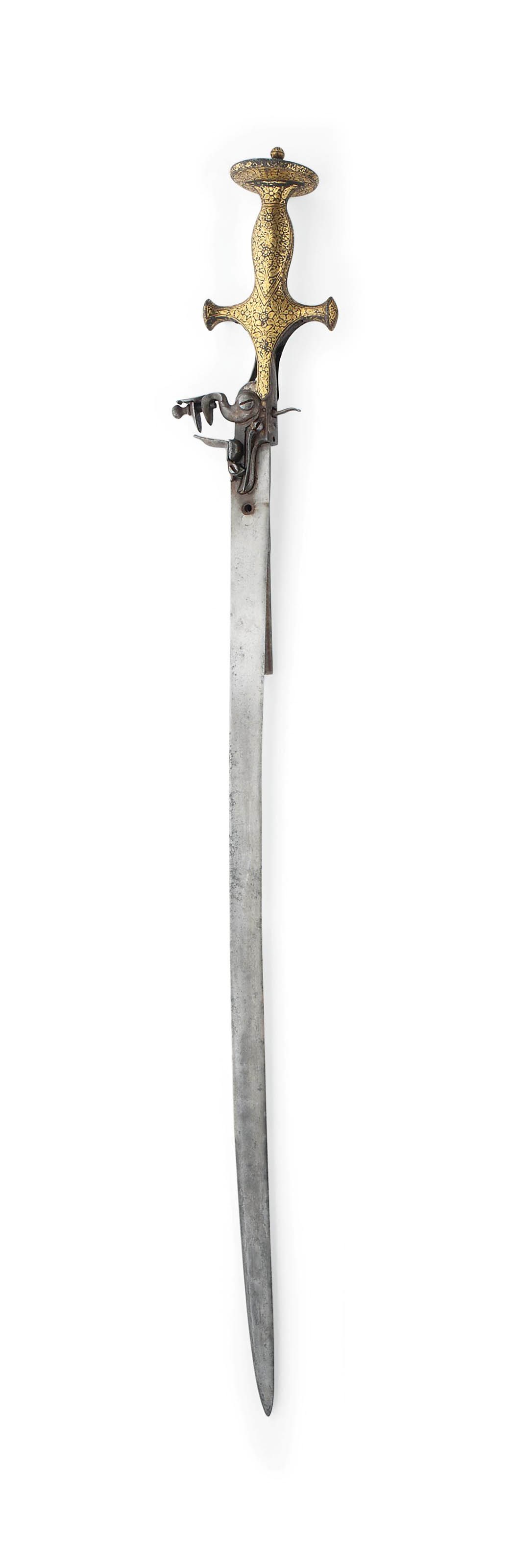 A GOLD-DAMASCENED SWORD (TULWAR) COMBINED WITH A PISTOL