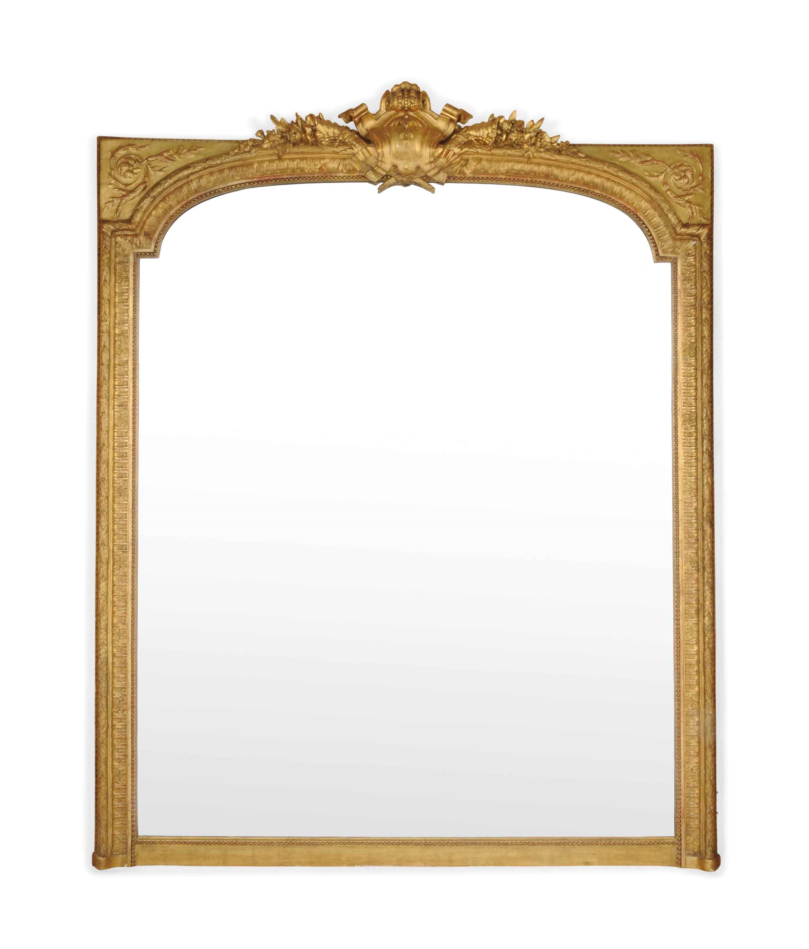 A LARGE FRENCH GILTWOOD AND COMPOSITION OVERMANTEL MIRROR