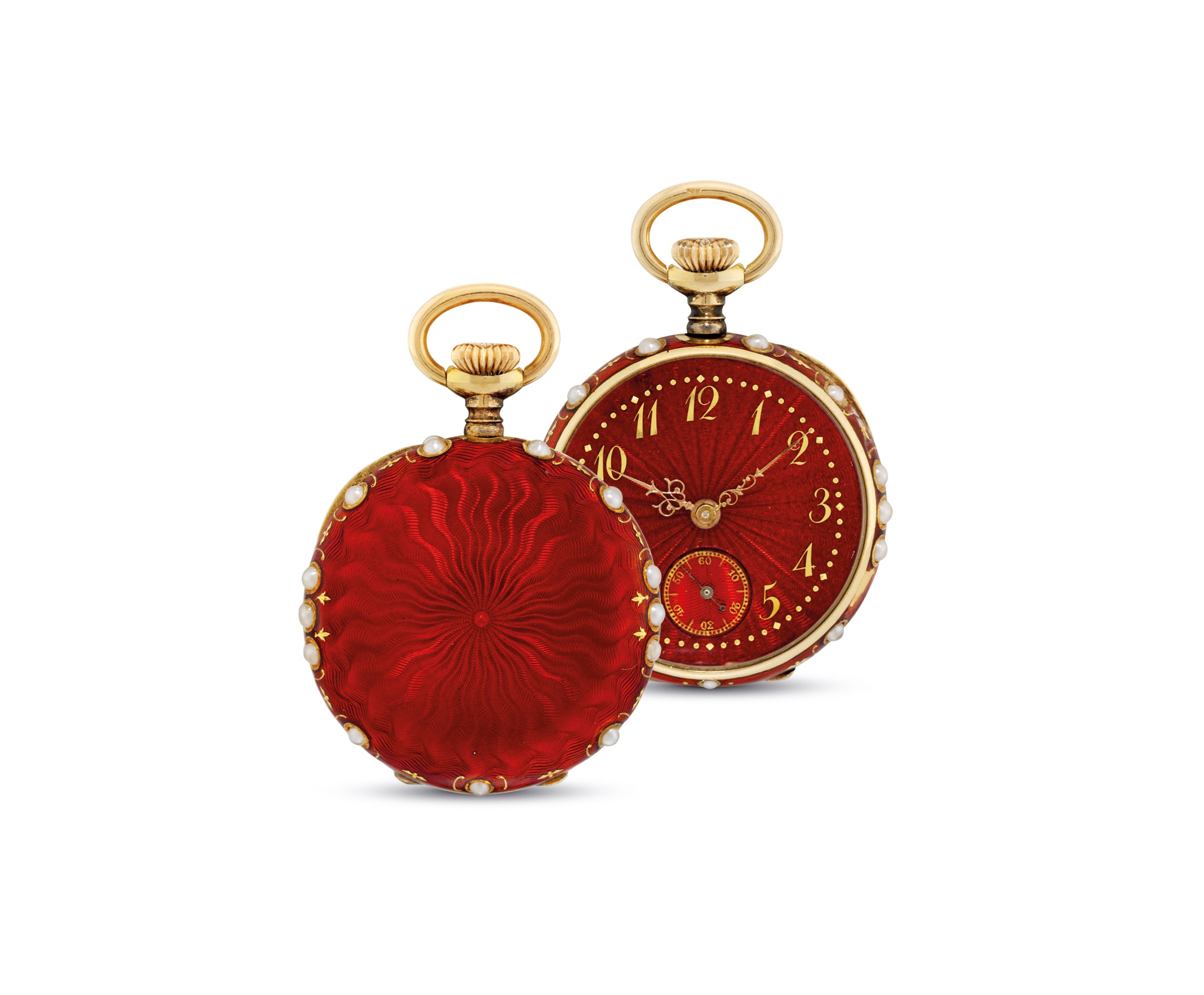 TIFFANY & CO. A FINE 18K GOLD, ENAMEL AND PEARL-SET OPENFACE KEYLESS LEVER PENDANT WATCH