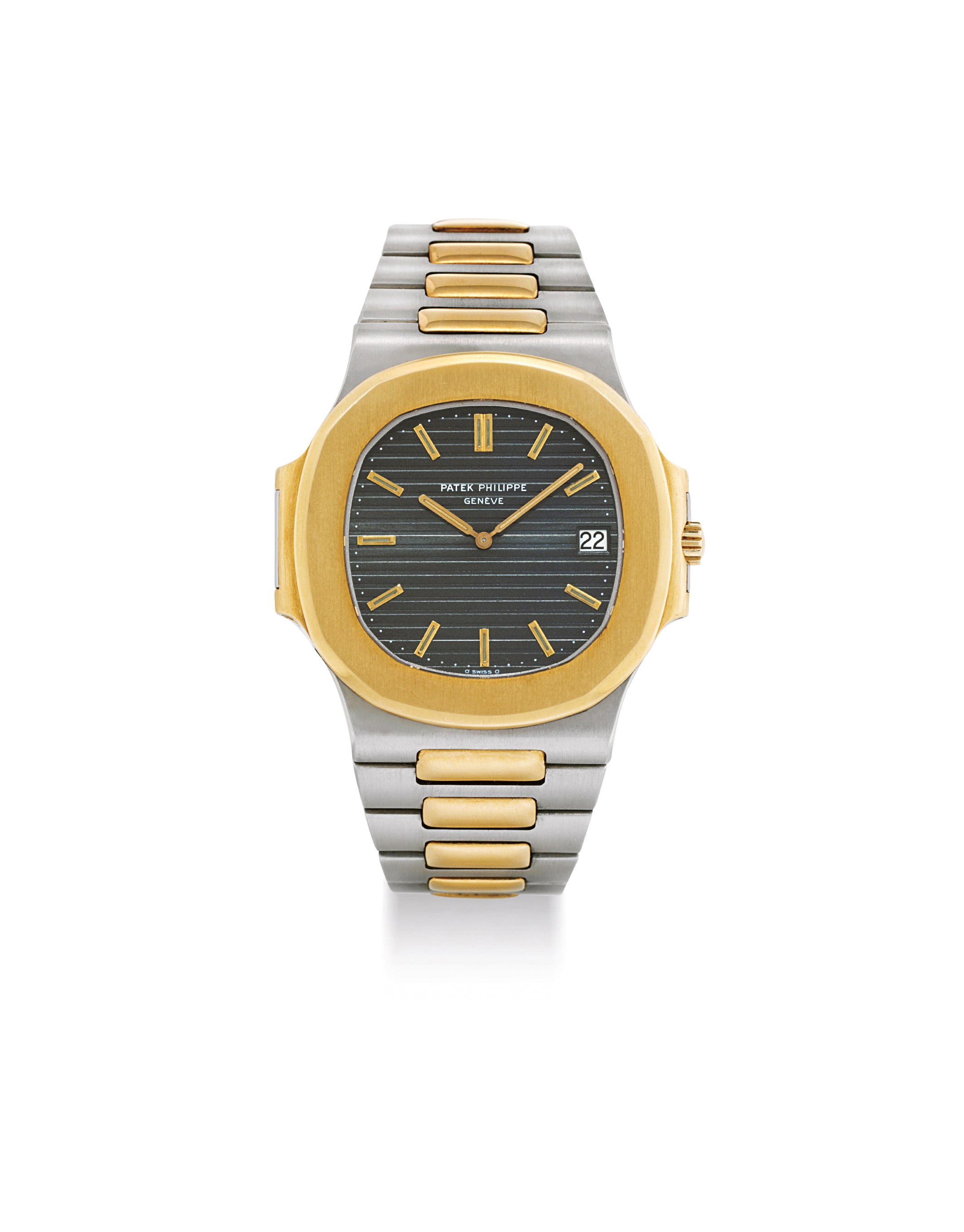PATEK PHILIPPE. A FINE AND LARGE STAINLESS STEEL AND GOLD AUTOMATIC BRACELET WATCH WITH DATE
