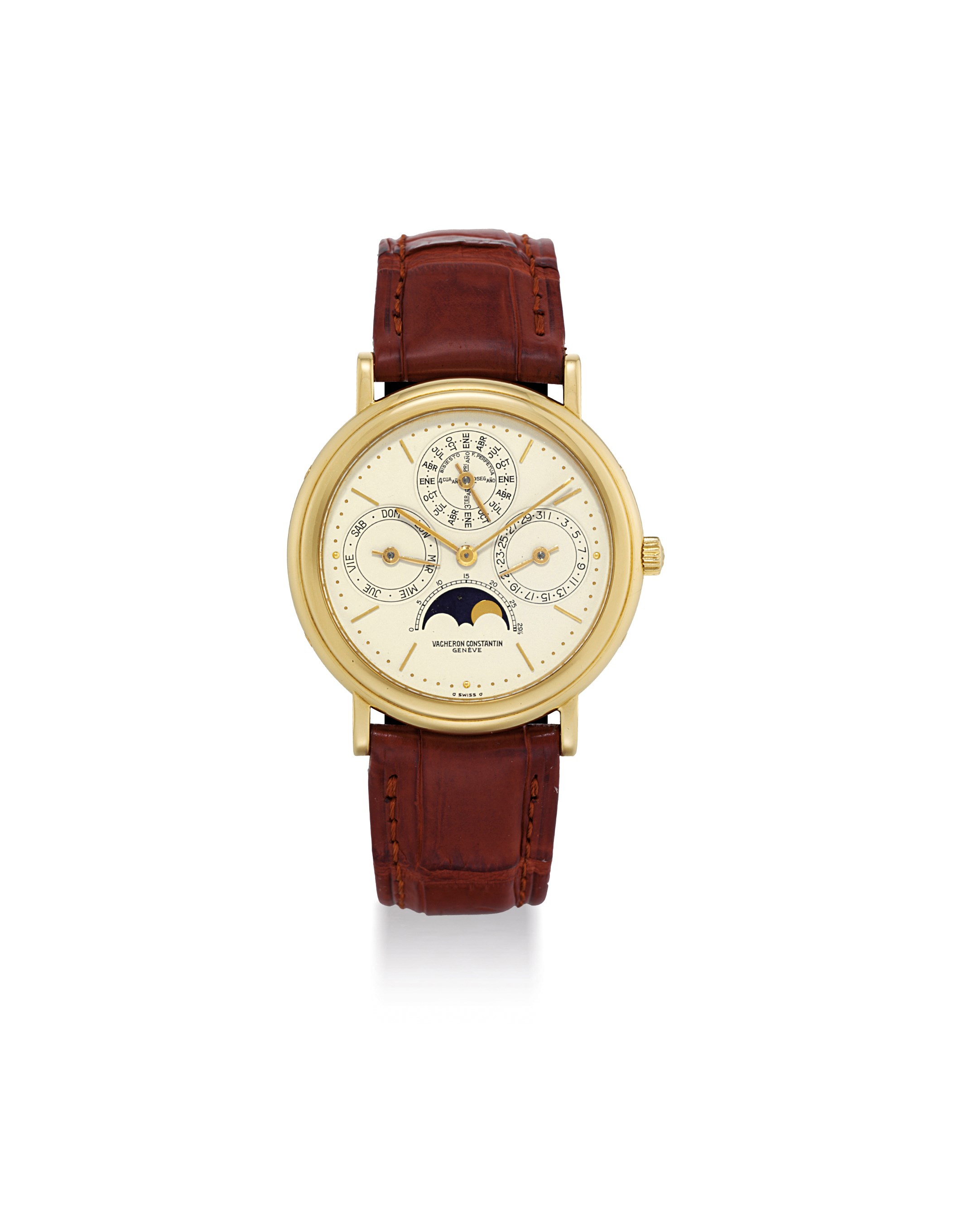 VACHERON CONSTANTIN. A FINE 18K GOLD AUTOMATIC PERPETUAL CALENDAR WRISTWATCH WITH MOON PHASES AND LEAP YEAR INDICATION
