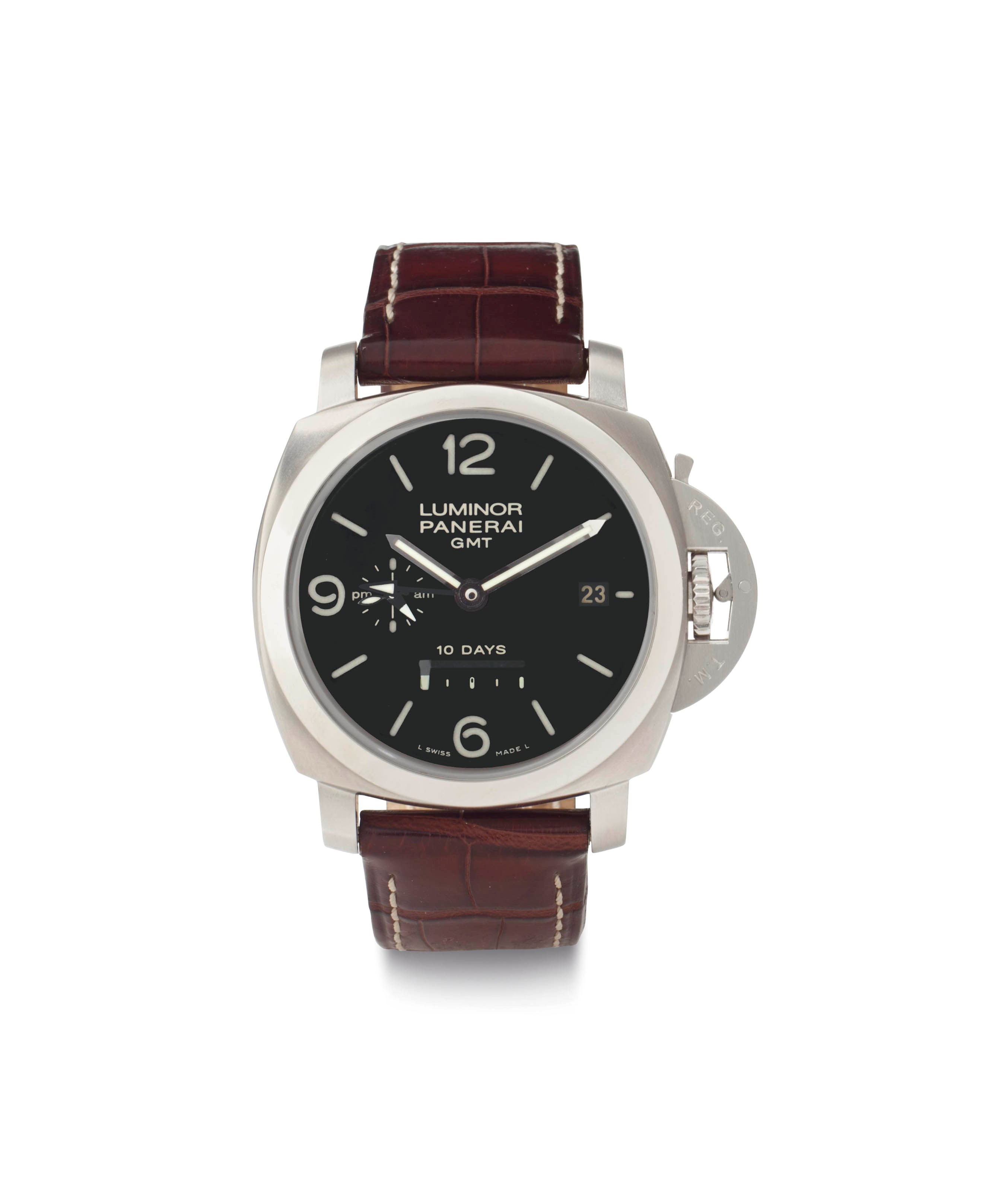 Panerai. An Oversized Stainless Steel Cushion-Shaped Dual Time Wristwatch 10-Day Power Reserve and Date