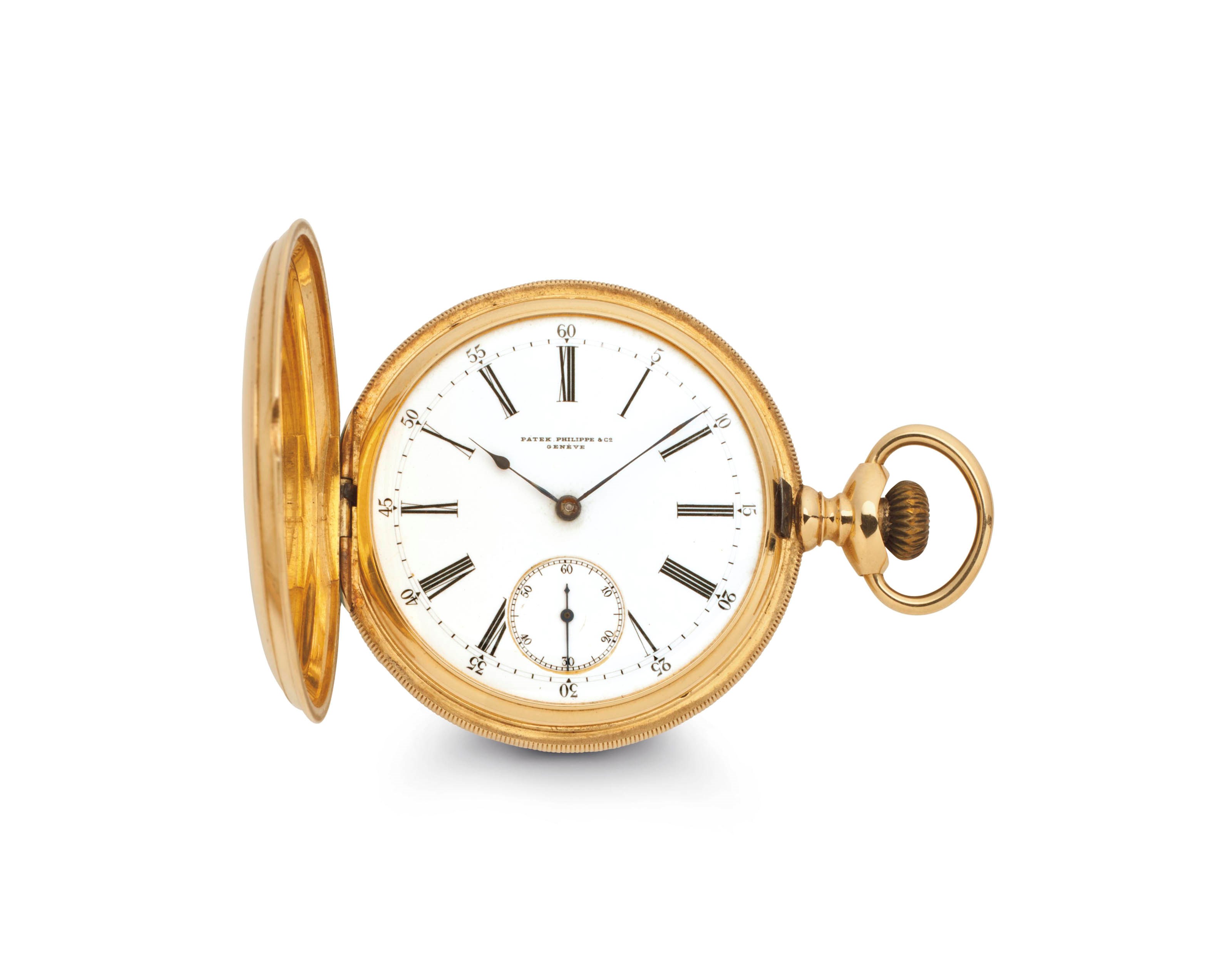 Patek Philippe. An 18K Gold Hunter Case Keyless Lever Watch with Later American Case