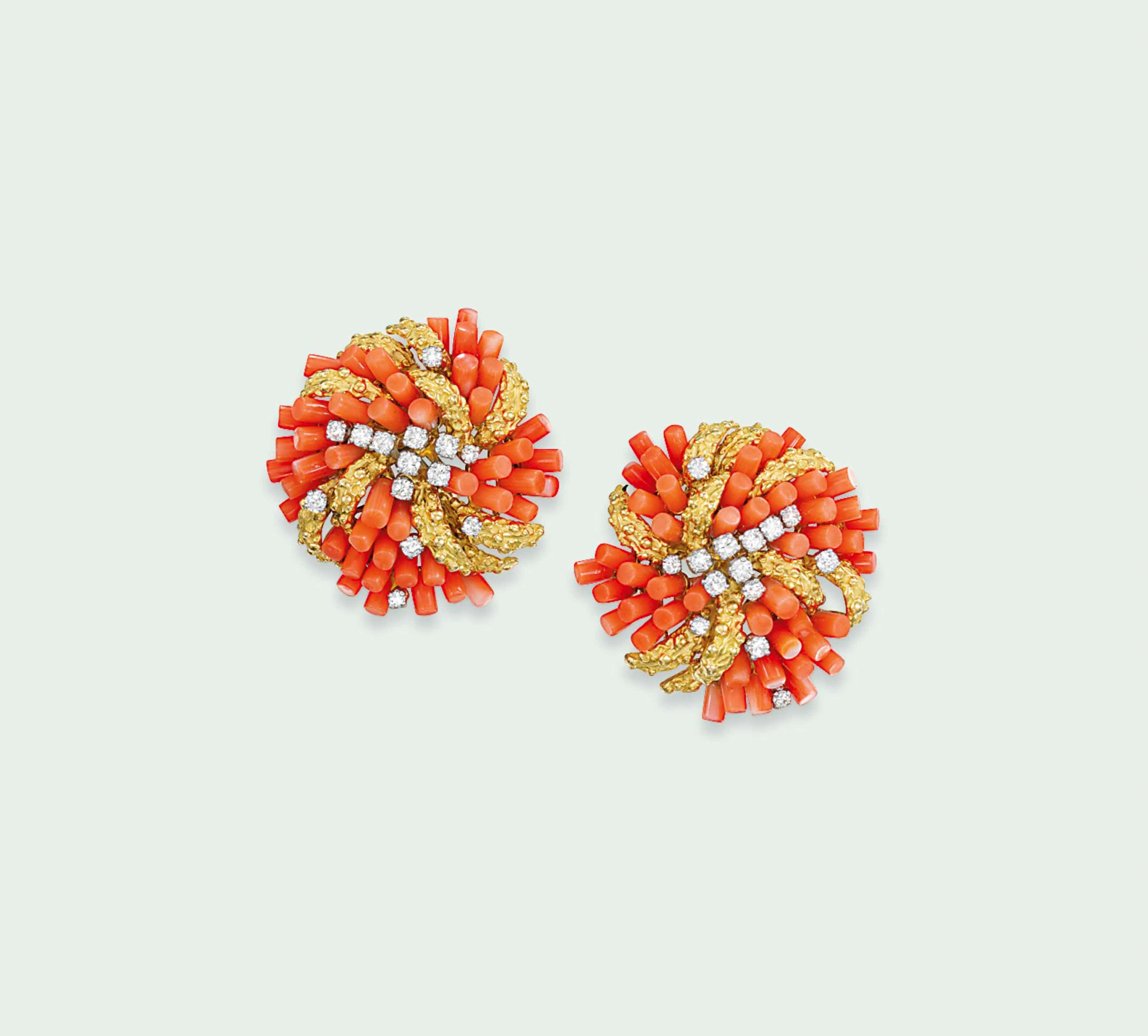 A PAIR OF CORAL AND DIAMOND EAR CLIPS, BY CARTIER
