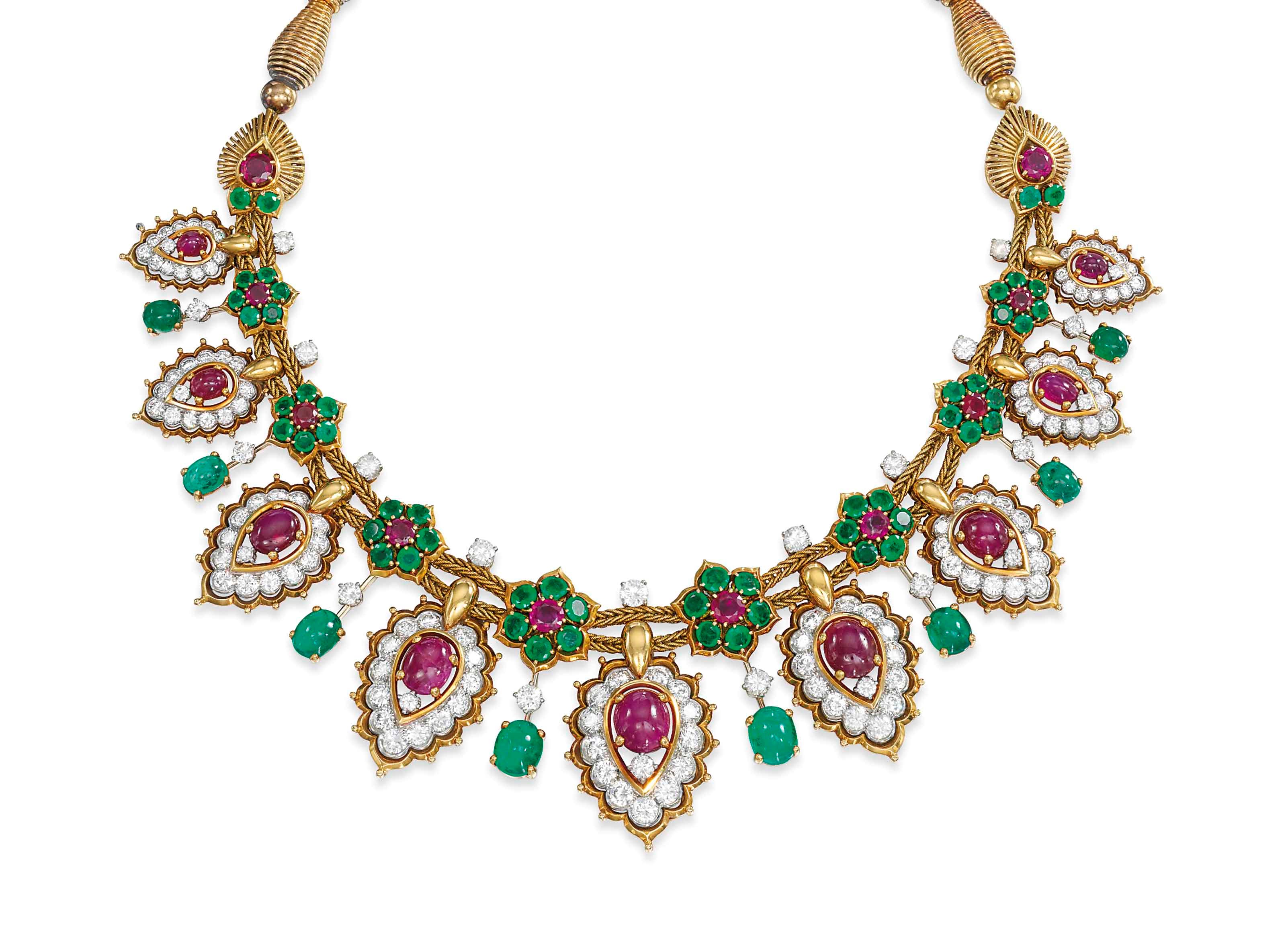 AN ATTRACTIVE RUBY, EMERALD AND DIAMOND NECKLACE, BY VAN CLEEF & ARPELS