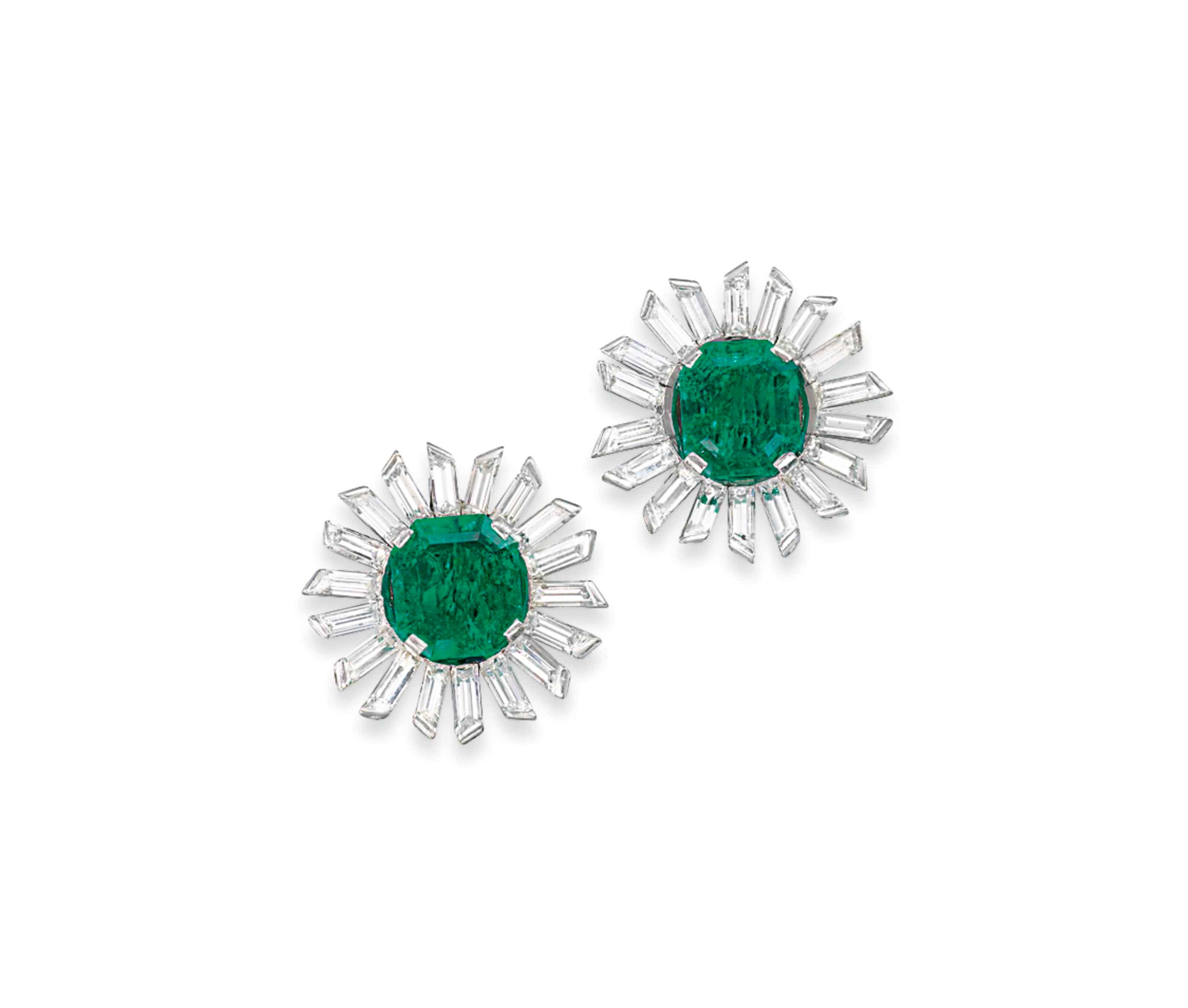 A PAIR OF EMERALD AND DIAMOND EAR CLIPS, BY CHAUMET