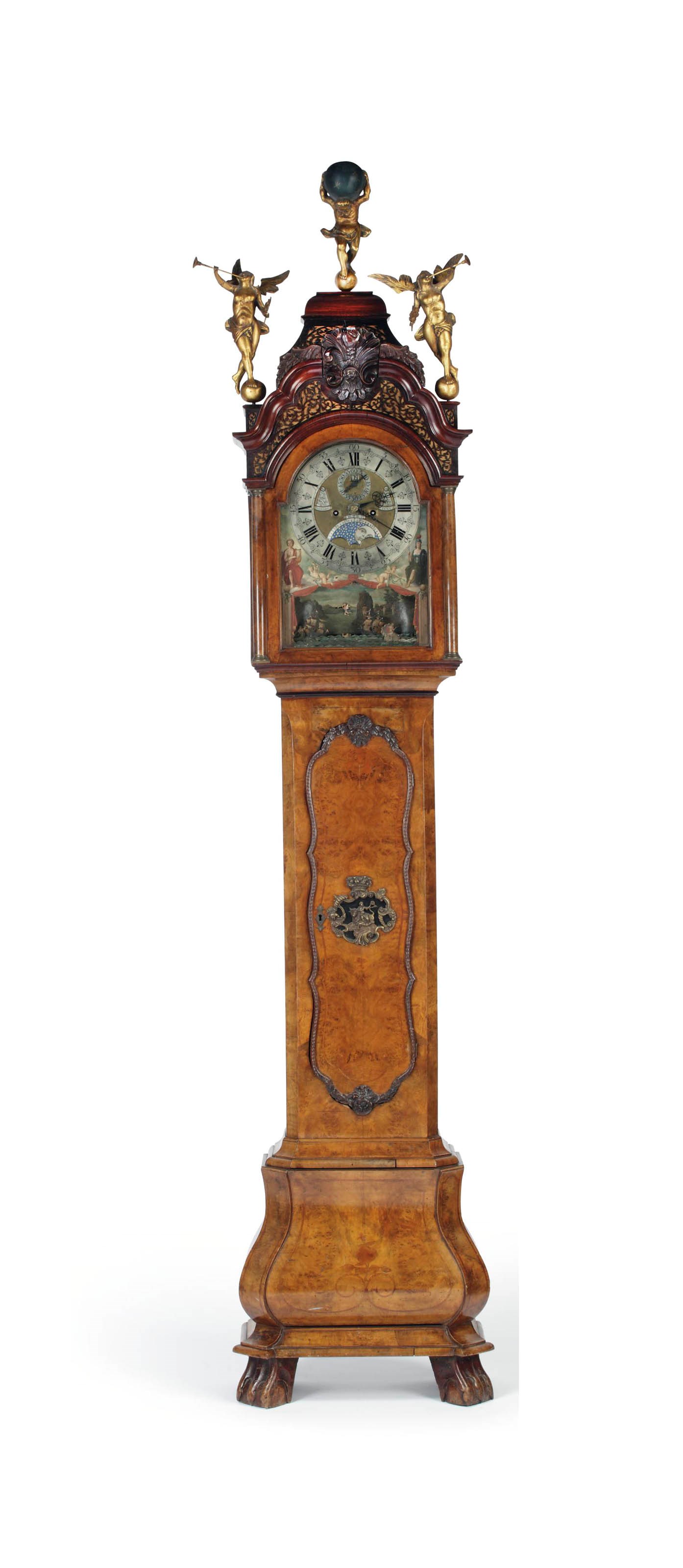 A Dutch bur-walnut and walnut longcase clock with ships automaton