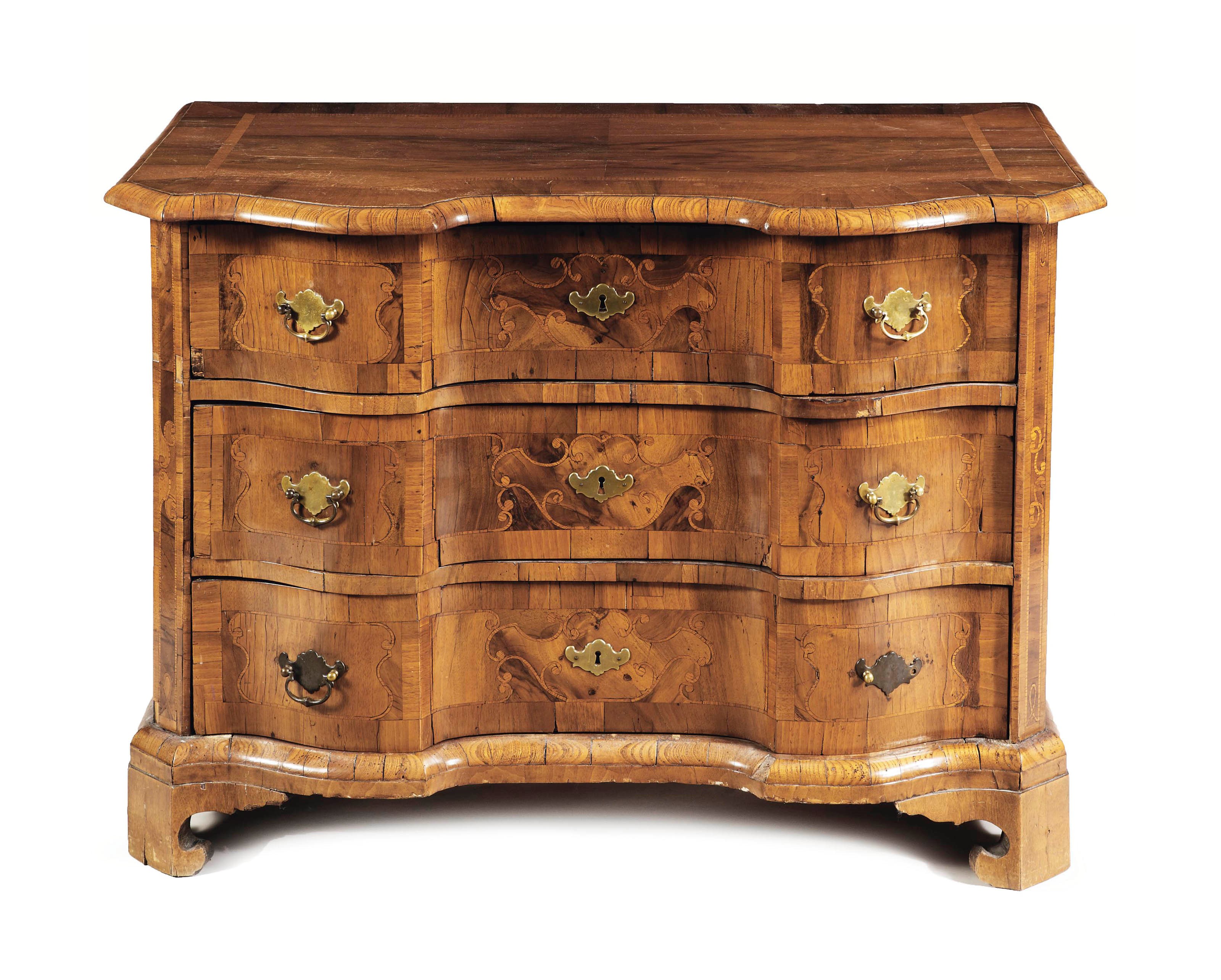 A GERMAN WALNUT, BURR-WALNUT AND ASH COMMODE