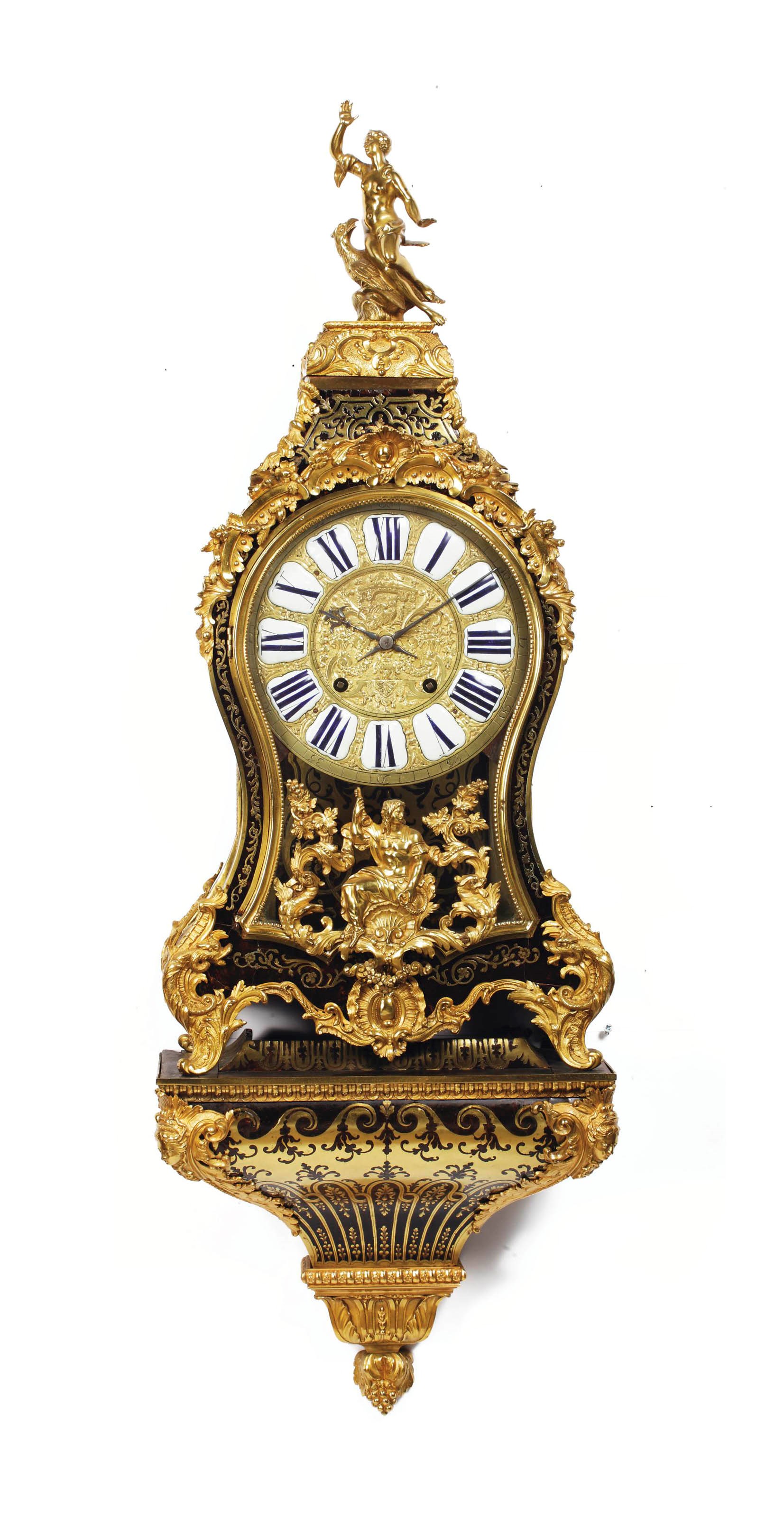 A Louis XV ormolu-mounted, brass-inlaid, tortoiseshell and boulle maquetry striking bracket clock, on wall bracket