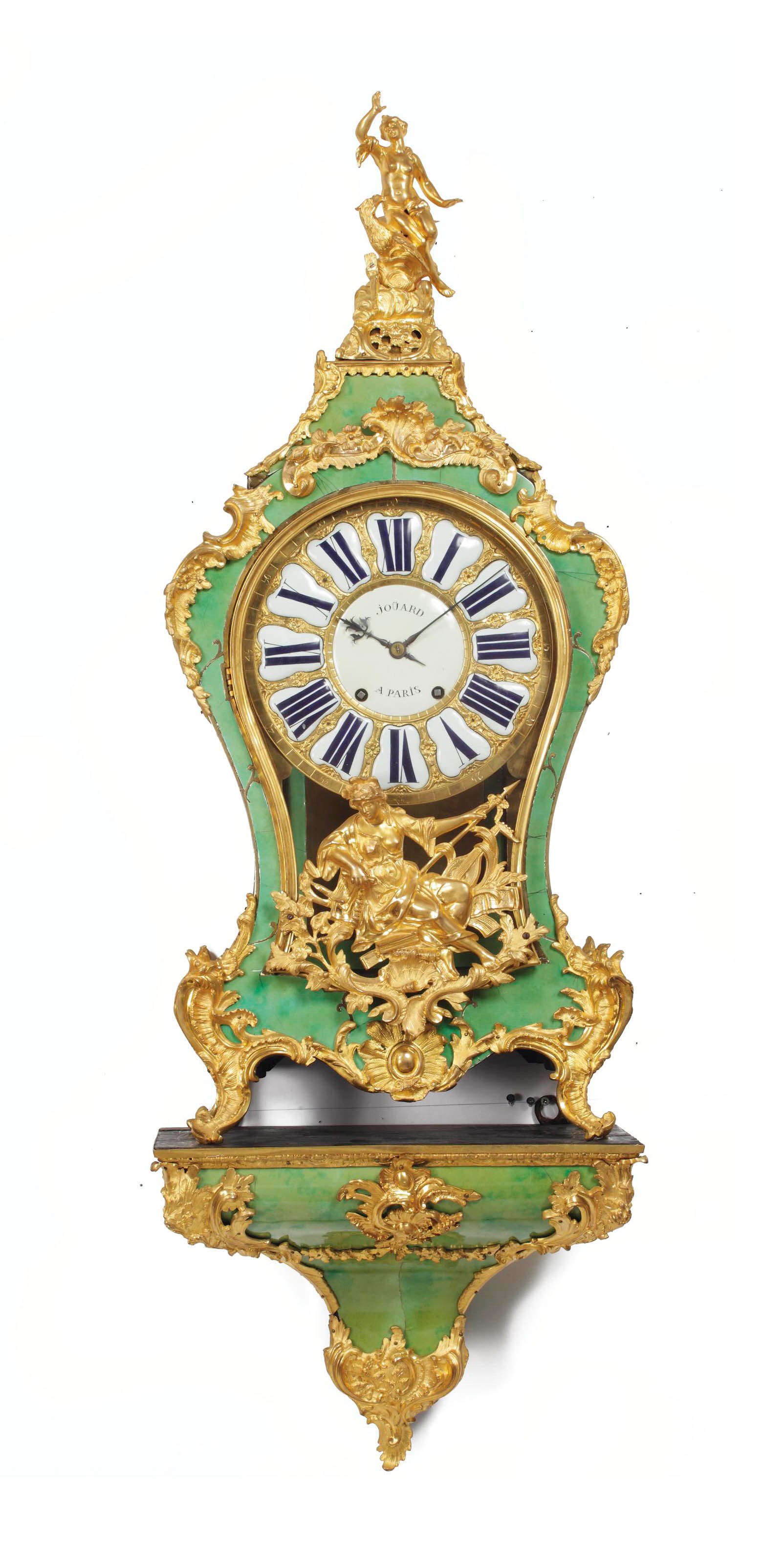 A Louis XV ormolu-mounted corne verte bracket clock, on wall bracket