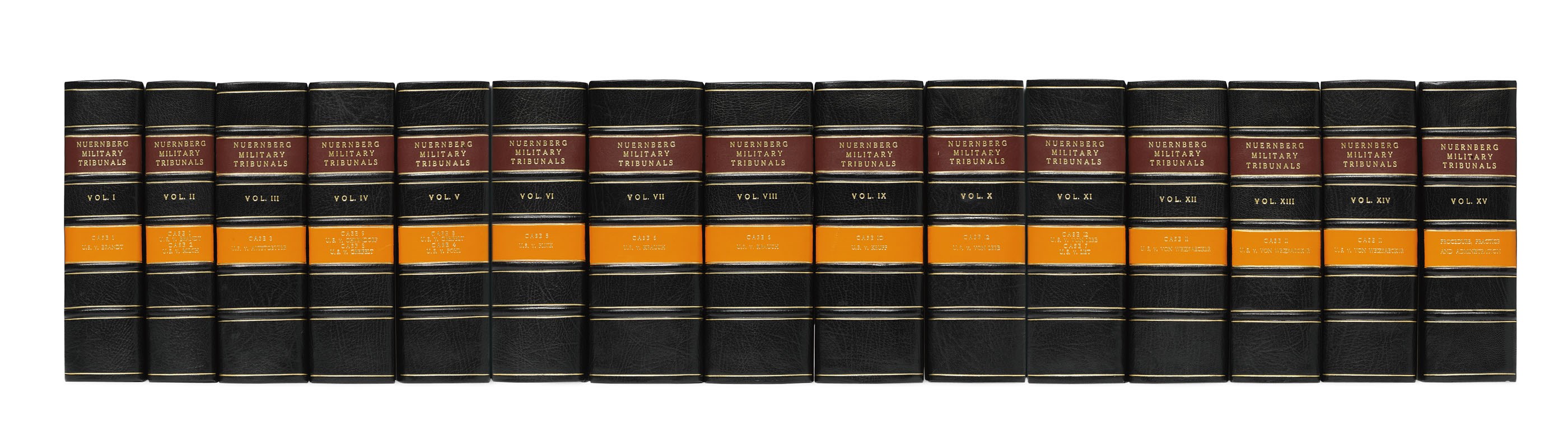 Trials of War Criminals before the Nuernberg Military Tribunals under Control Council Law No. 10. Nuernberg October 1946 - April 1949. Washington: U.S. Government Printing Office, 1950-53. 15 volumes, 8° (227 x 145mm). Illustrations and folding tables. Modern black half morocco by Temple Bindery with black and orange swastika on front cover, spine with raised bands gilt in compartments, black edges. Provenance: Nuernberg Military Tribunal (stamps) -- U.S. Army (stamps) -- Engineer School Library (ink and perforated stamps)                                                                      .