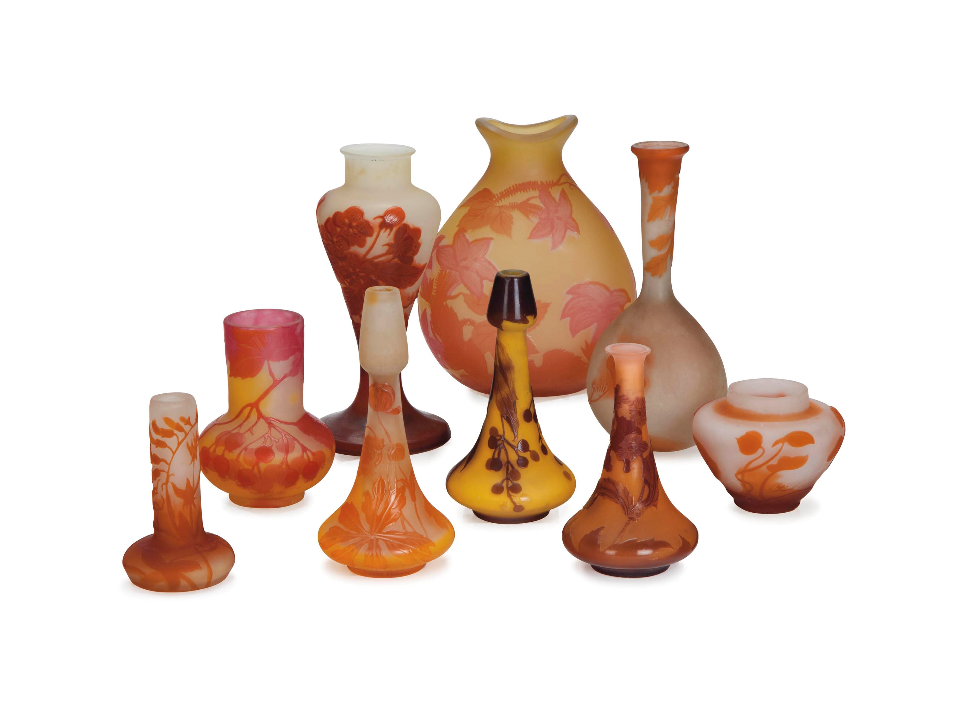 NINE FRENCH CAMEO GLASS VASES OF VARIOUS FORMS,
