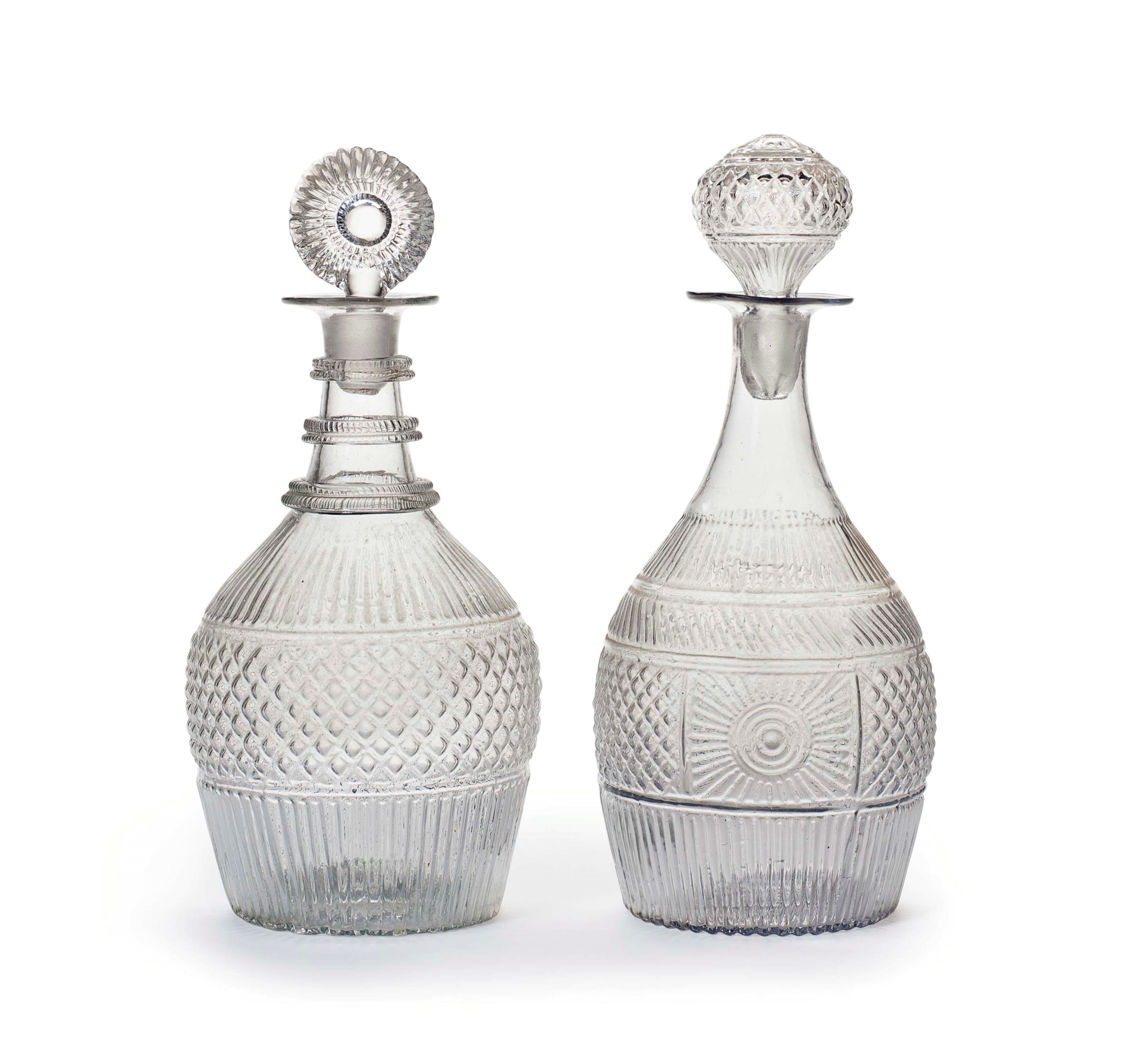 TWO MOLD-BLOWN GLASS DECANTERS