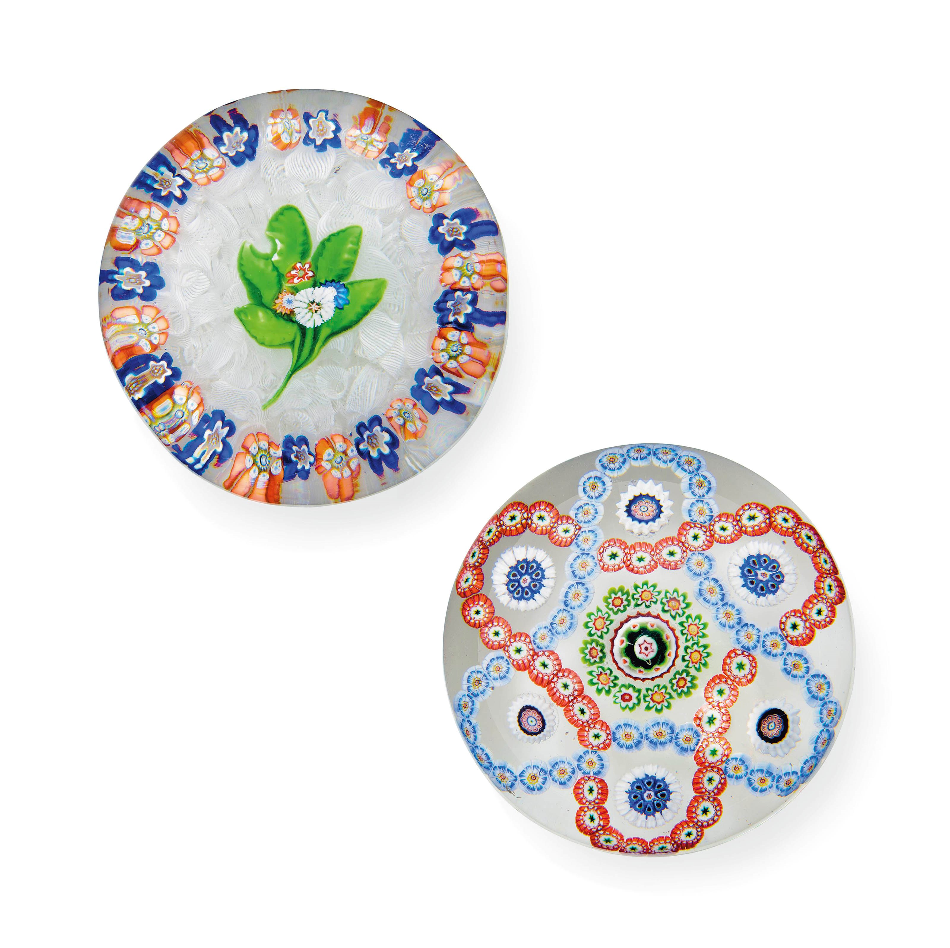 A BACCARAT PATTERNED MILLEFIORI WEIGHT AND A ST LOUIS GARLANDED POSY WEIGHT