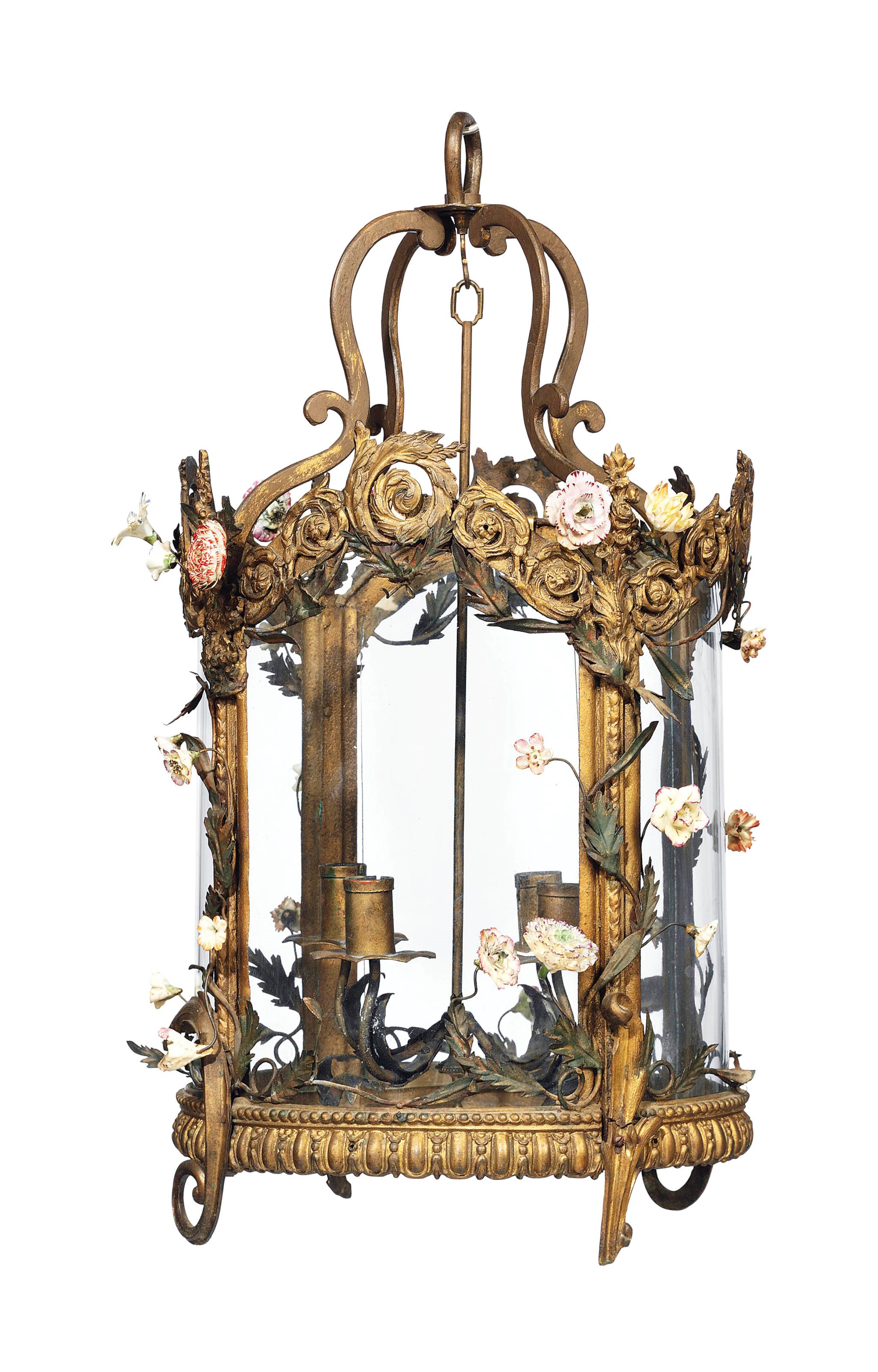 A NORTH EUROPEAN GILT-IRON AND BRONZE AND PORCELAIN MOUNTED HALL-LANTERN