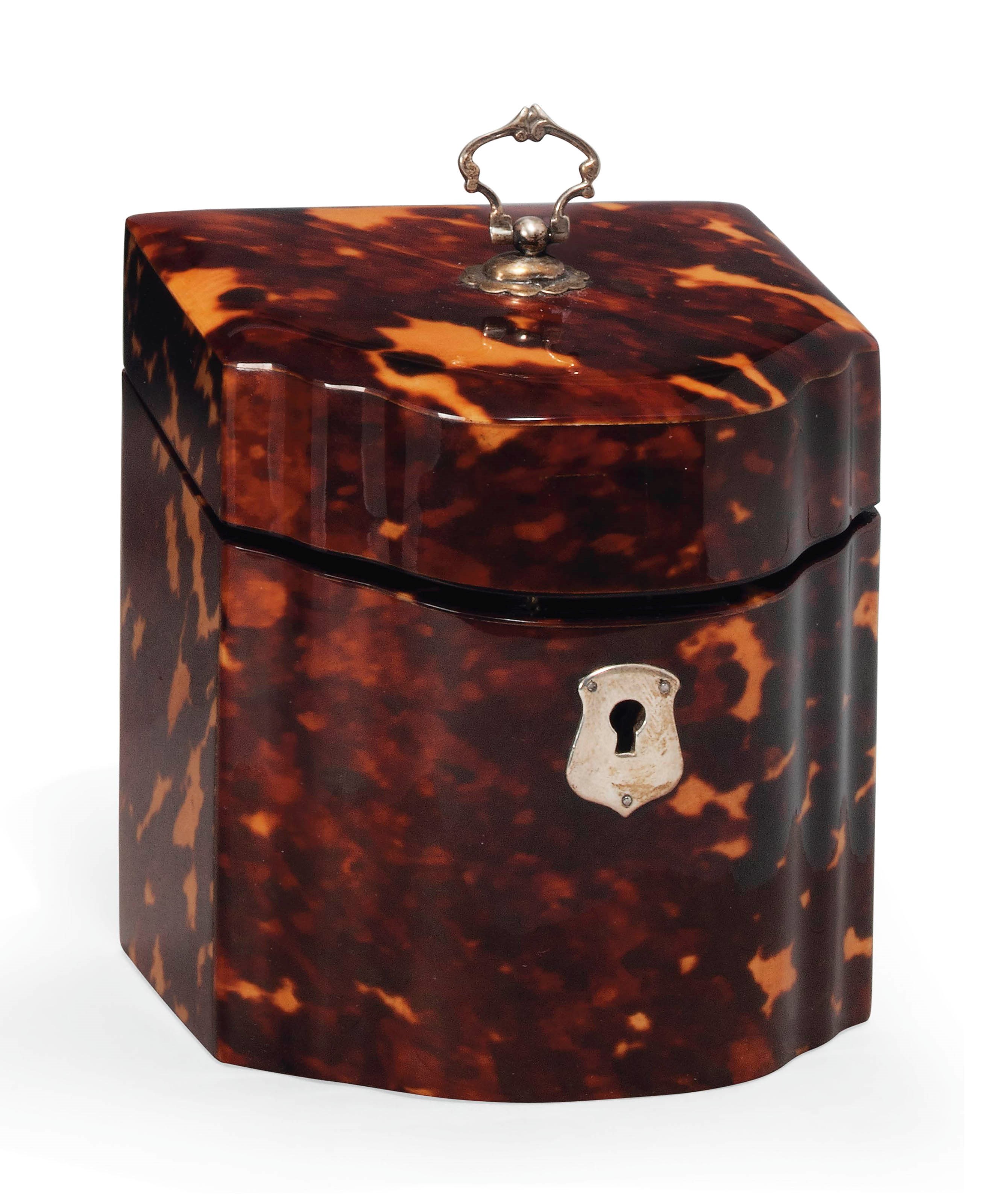 A REGENCY TORTOISESHELL NOVELTY TEA CADDY IN THE FORM OF A KNIFE BOX