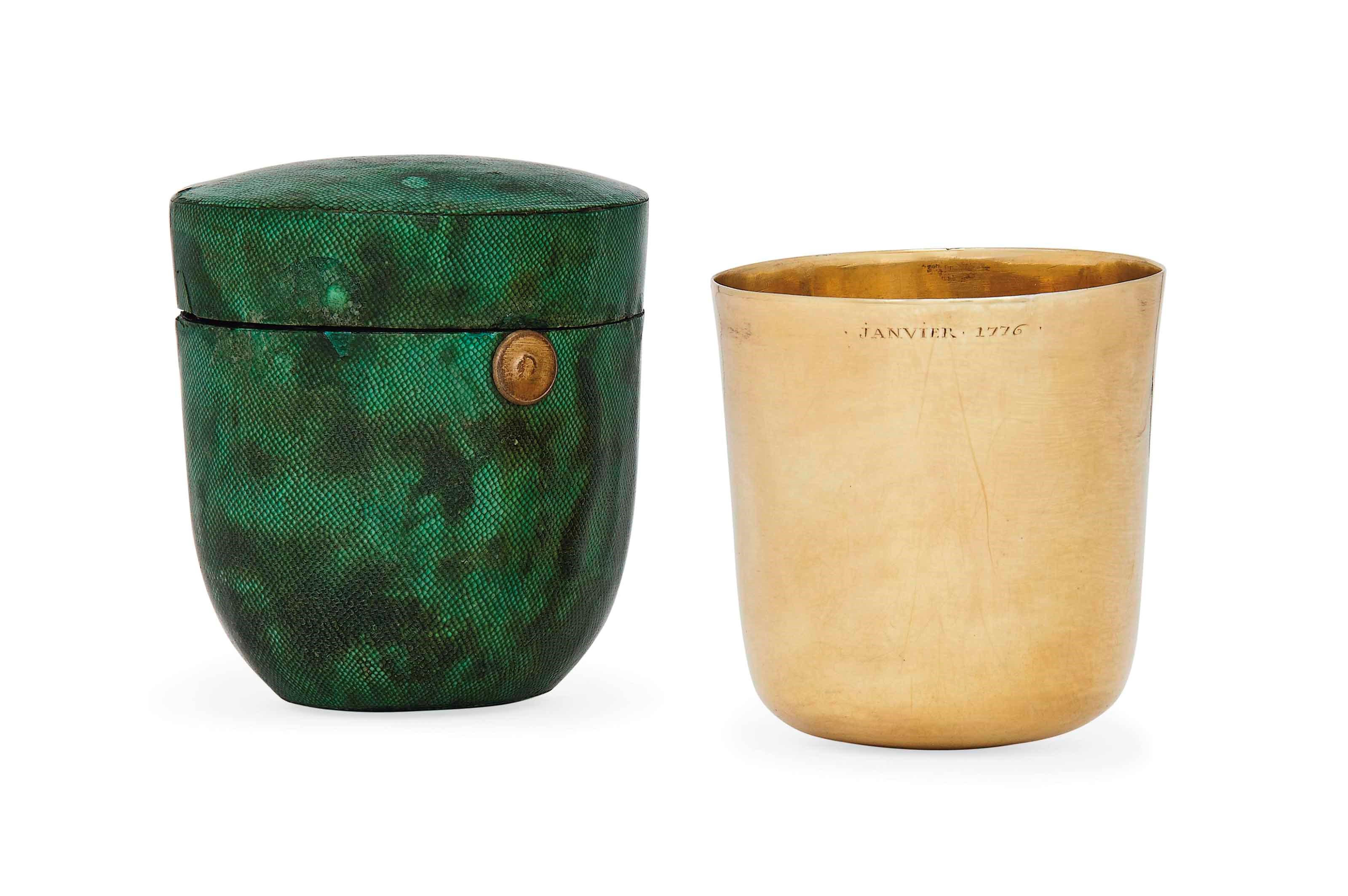 A FRENCH SILVER-GILT TUMBLER IN ORIGINAL SHAGREEN CASE