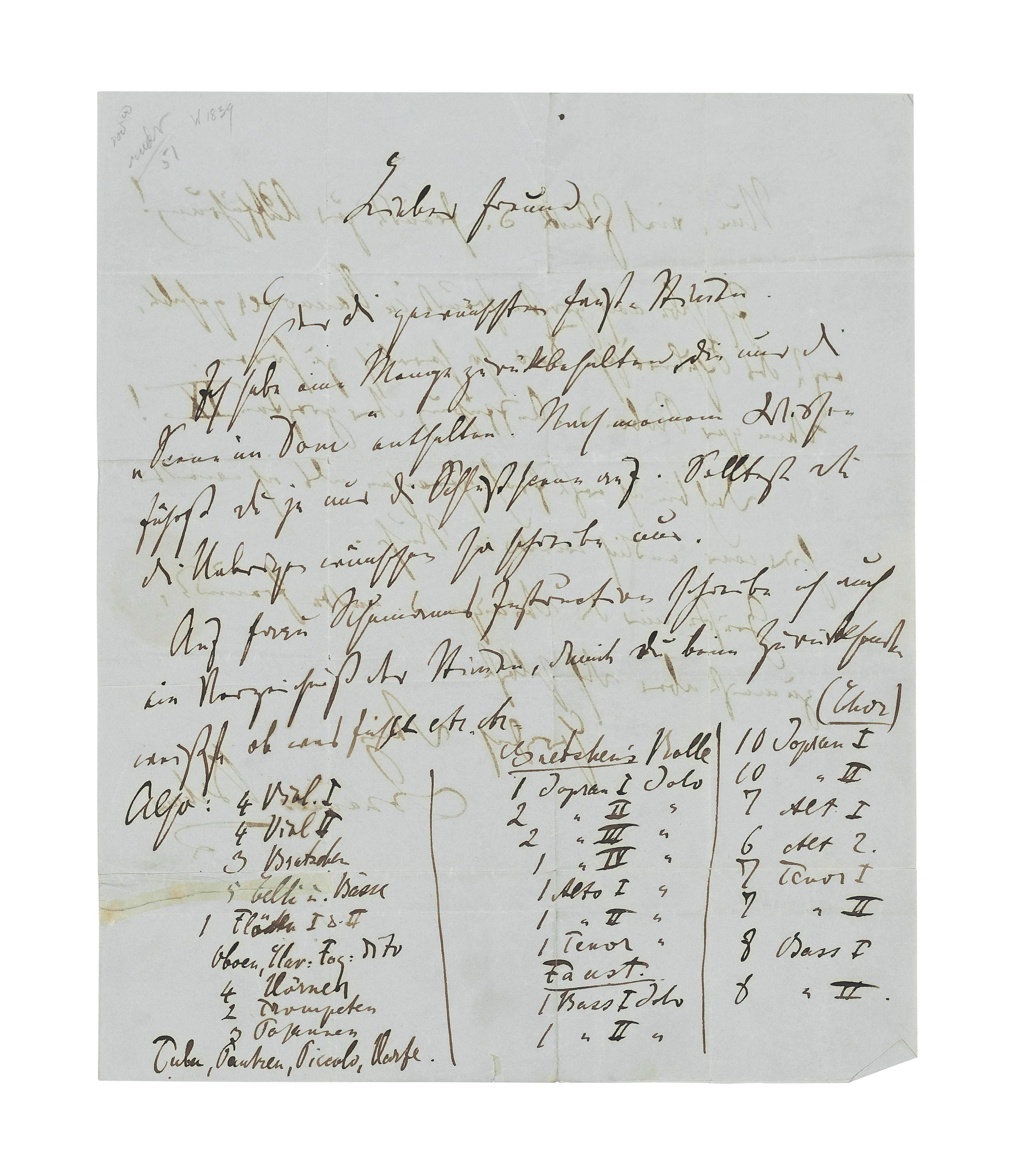 BRAHMS, Johannes (1833-1897). Autograph letter signed ('Johannes Brahms') to the Hamburg musician Georg Dietrich Otten, postmarked Düsseldorf, 26 February [1856], 2 pages, large 4to (285 x 237mm) (tear across centre fold, approx 130mm, and to lower margin, approx 10mm, repaired with old tape), integral address leaf, clear impression of Brahms's seal with the initials 'J.B.' in red wax (seal tear). Provenance: sale at Henrici, Berlin, 1929; collection of Dr Fritz and Dita Callomon; The Collector, November 1951, vol. LXIV, no.10.