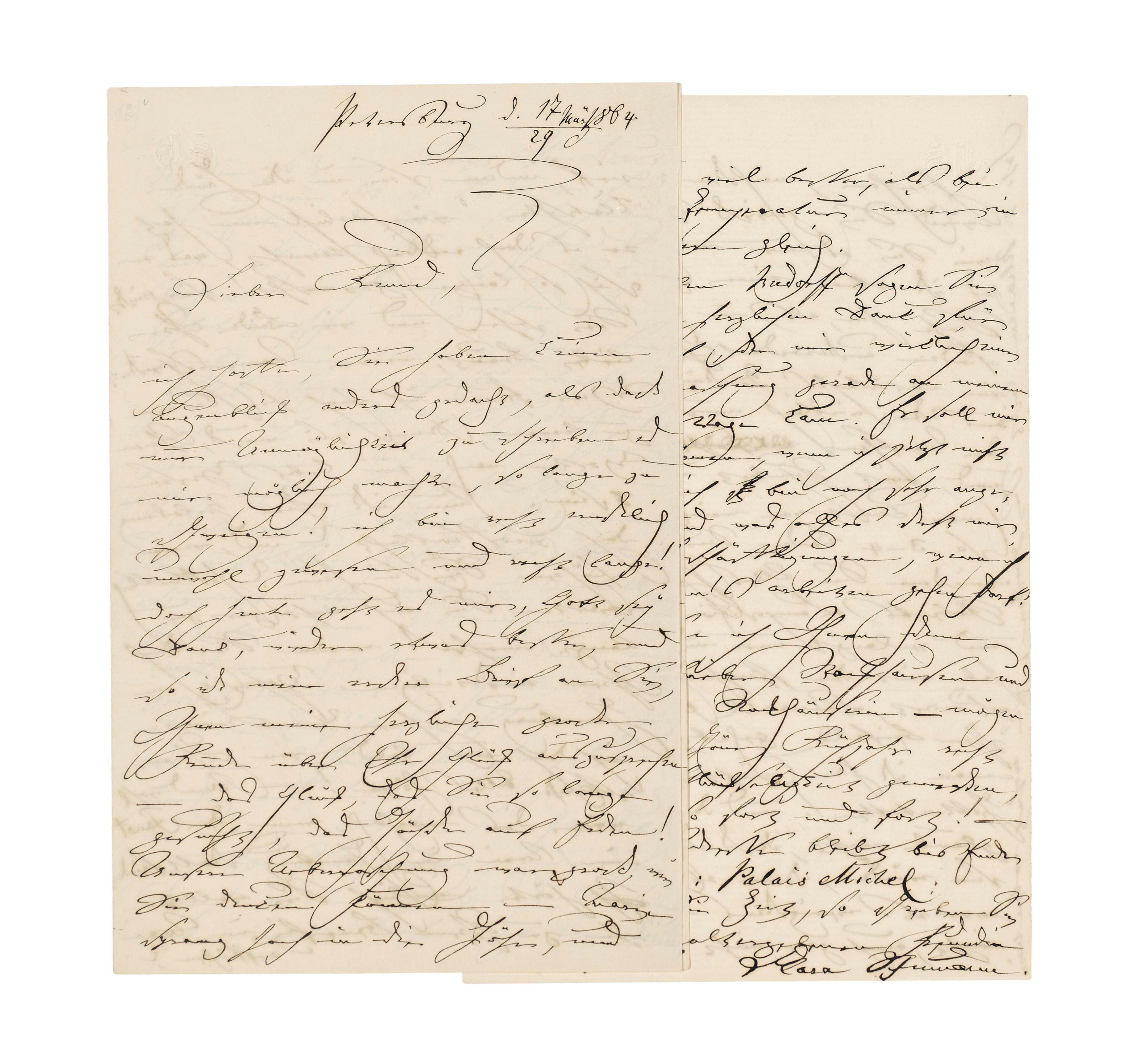 SCHUMANN, Clara (1819-1896), Autograph letter signed to the baritone Julius Christian Stockhausen, St Petersburg, 17/29 March 1864, 6 pages, 8vo. Provenance: Stargardt, 3 May 1957, catalogue 532, lot 310.
