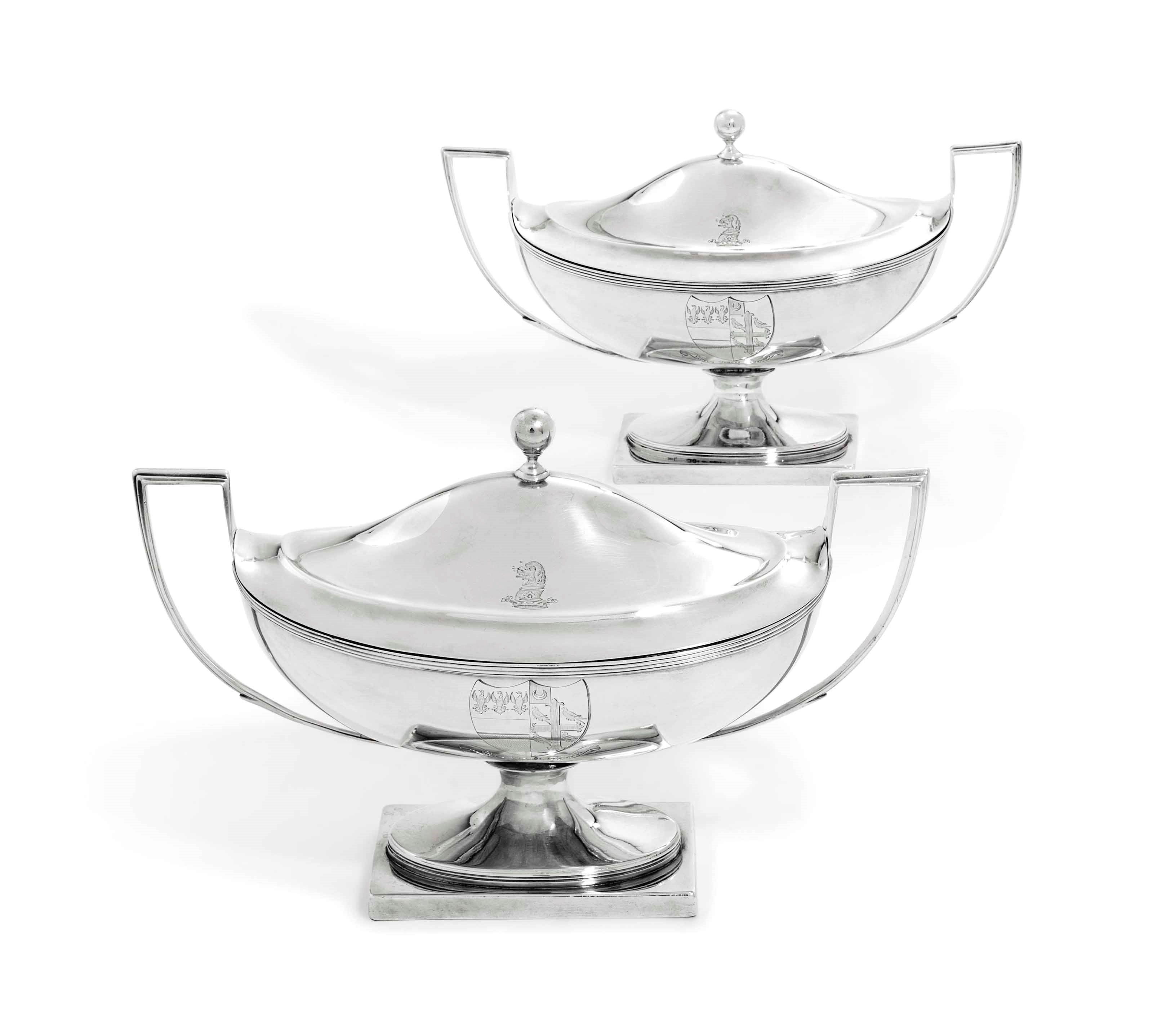 A PAIR OF GEORGE III SILVER SAUCE-TUREENS AND COVERS