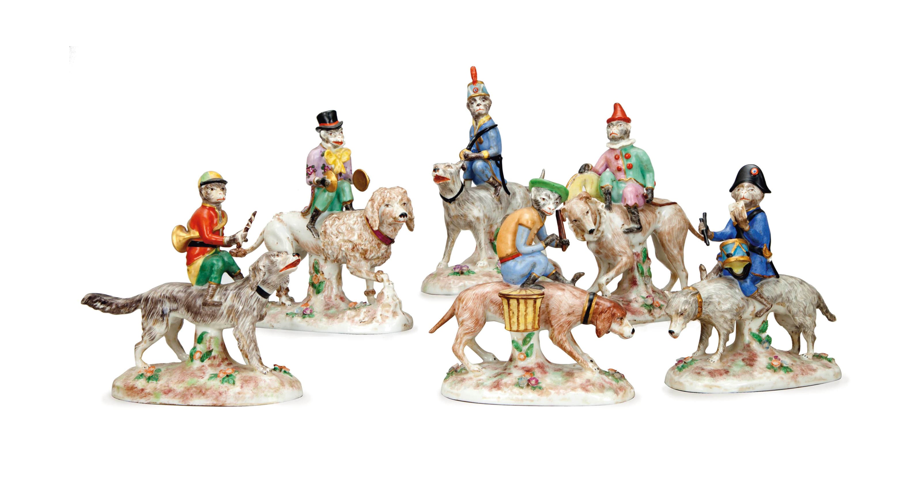SIX CONTINENTAL PORCELAIN FIGURES OF MONKEYS RIDING HOUNDS,