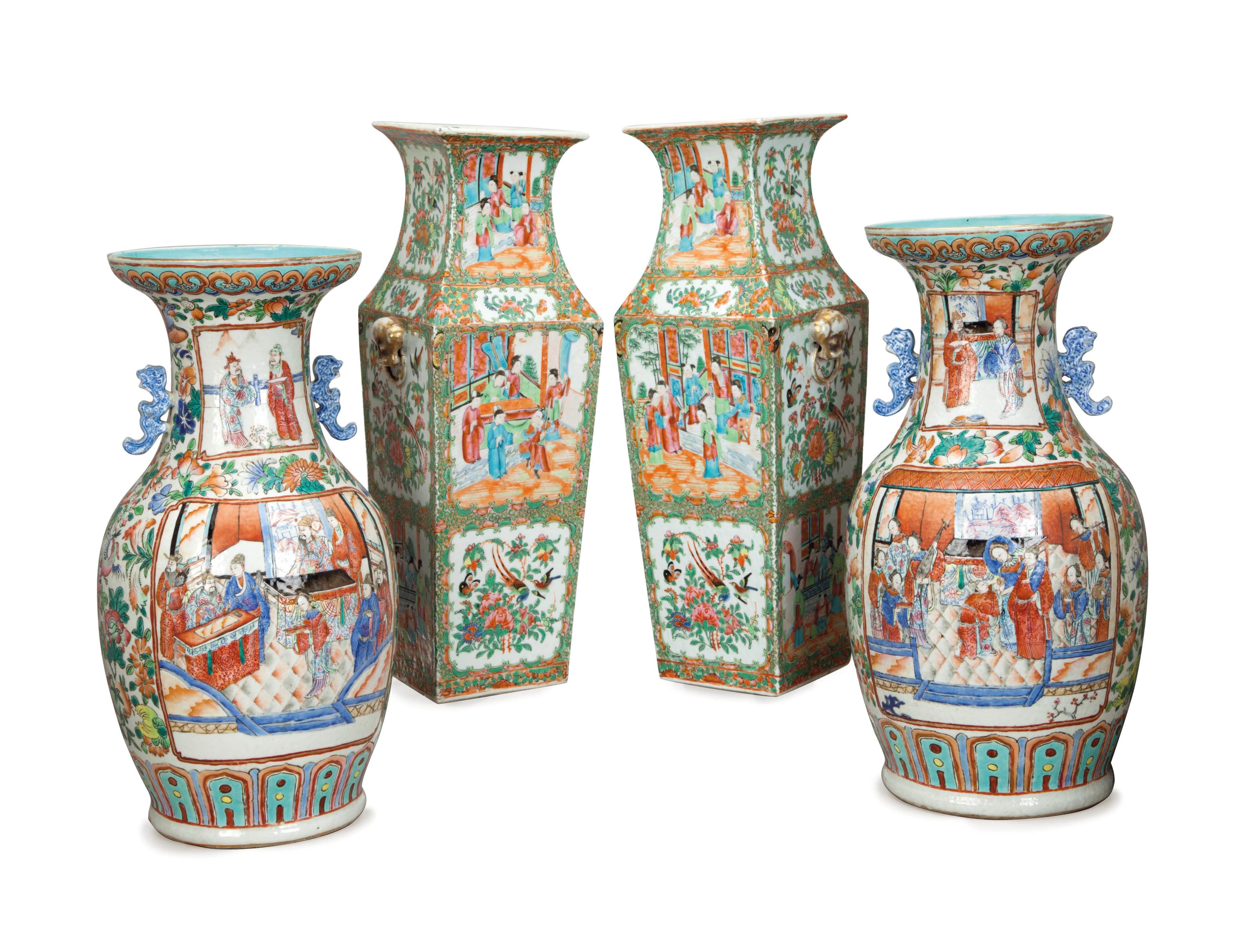TWO PAIRS OF CHINESE 'CANTON FAMILLE ROSE' VASES,