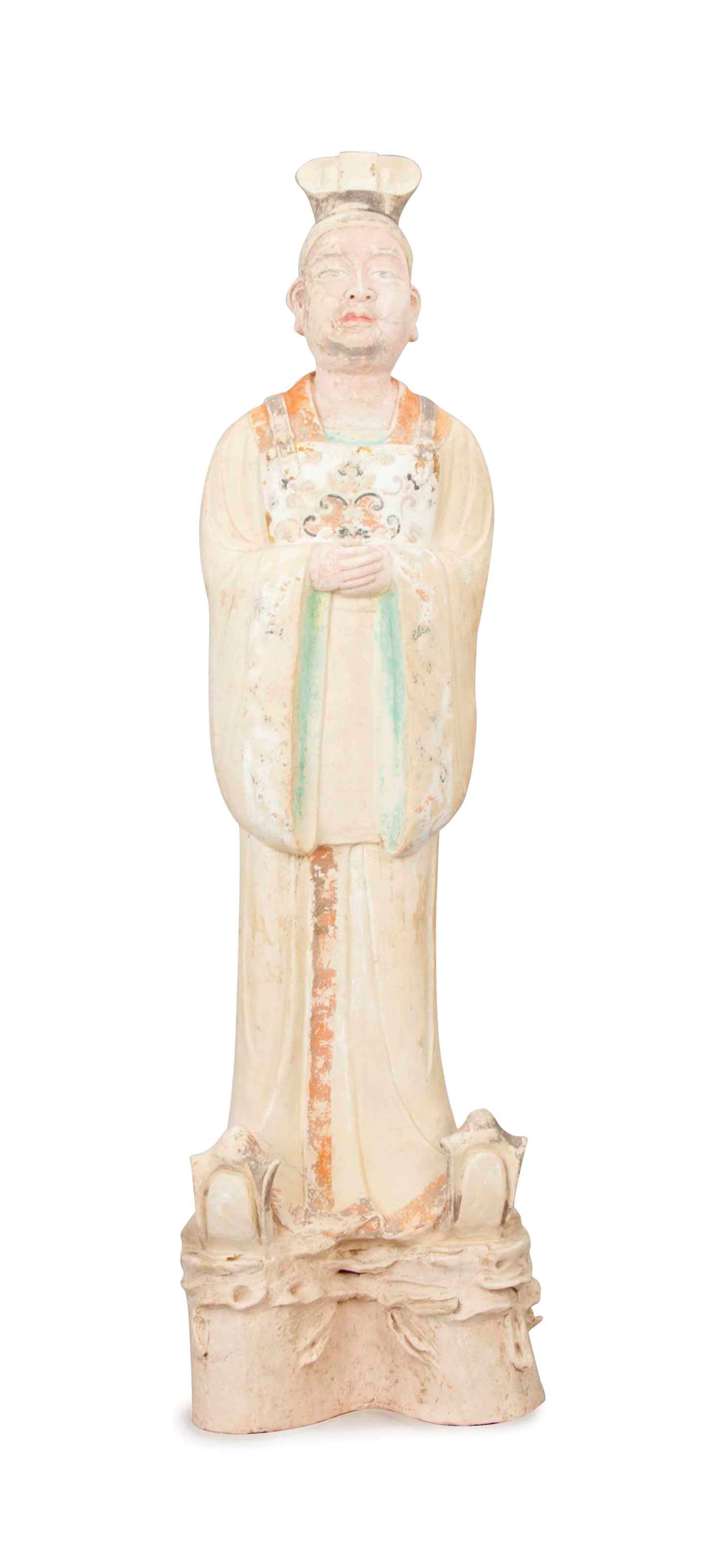 A LARGE CHINESE PAINTED POTTERY FIGURE OF A COURT OFFICIAL,