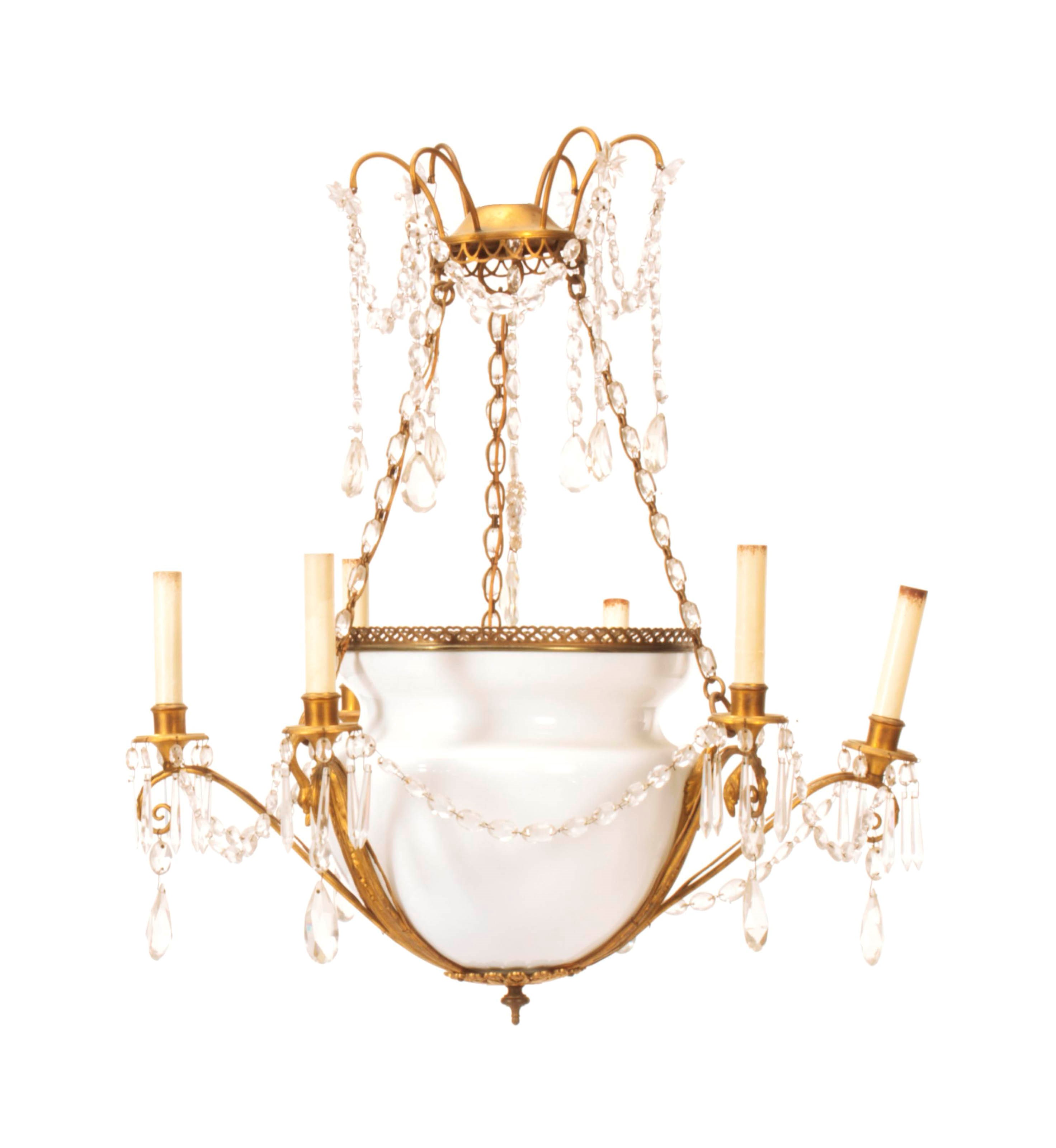 A FRENCH GILT-METAL, WHITE AND CUT-GLASS SIX-LIGHT CHANDELIER,