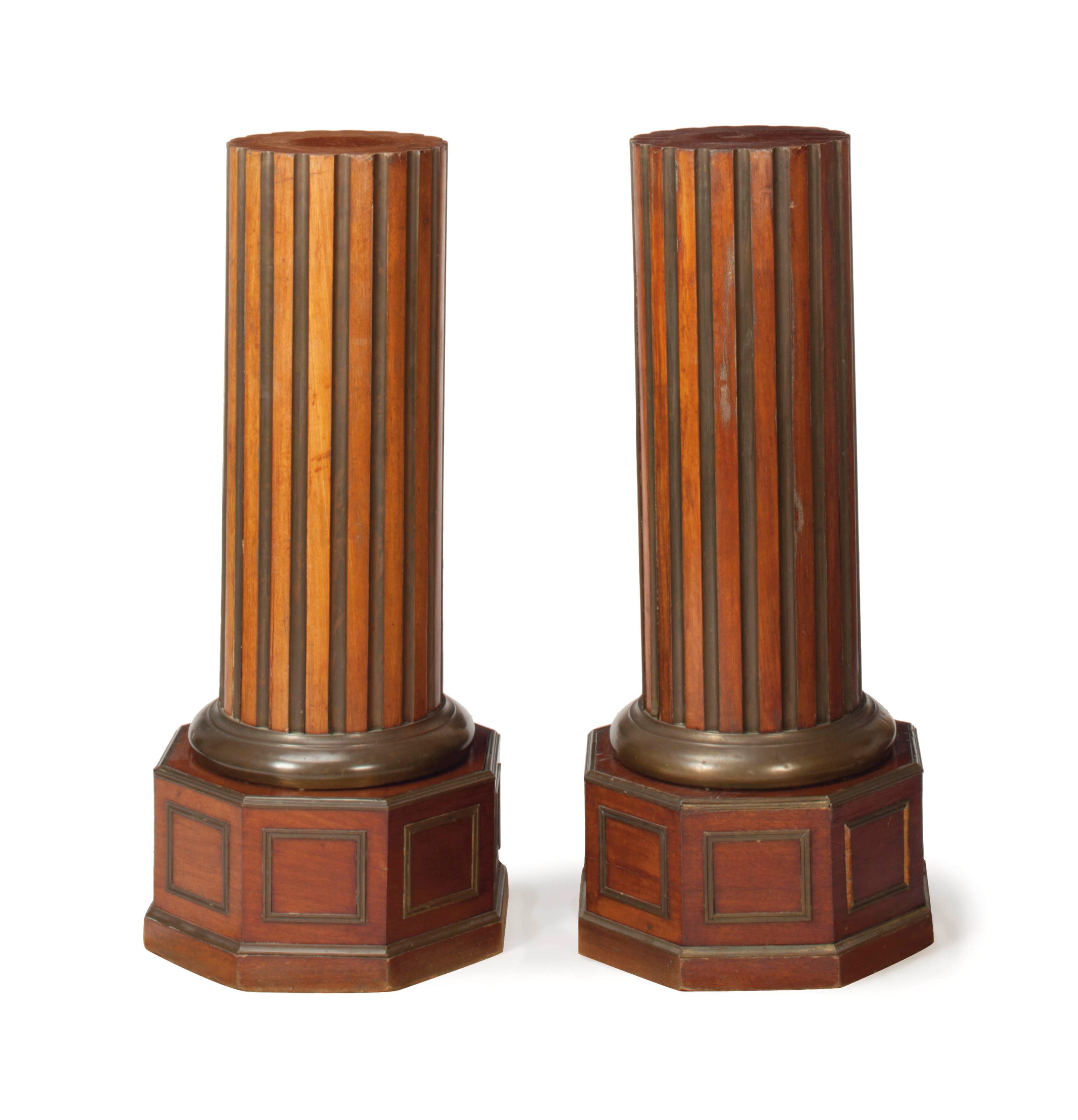 A PAIR OF CONTINENTAL BRASS MOUNTED MAHOGANY PEDESTALS,