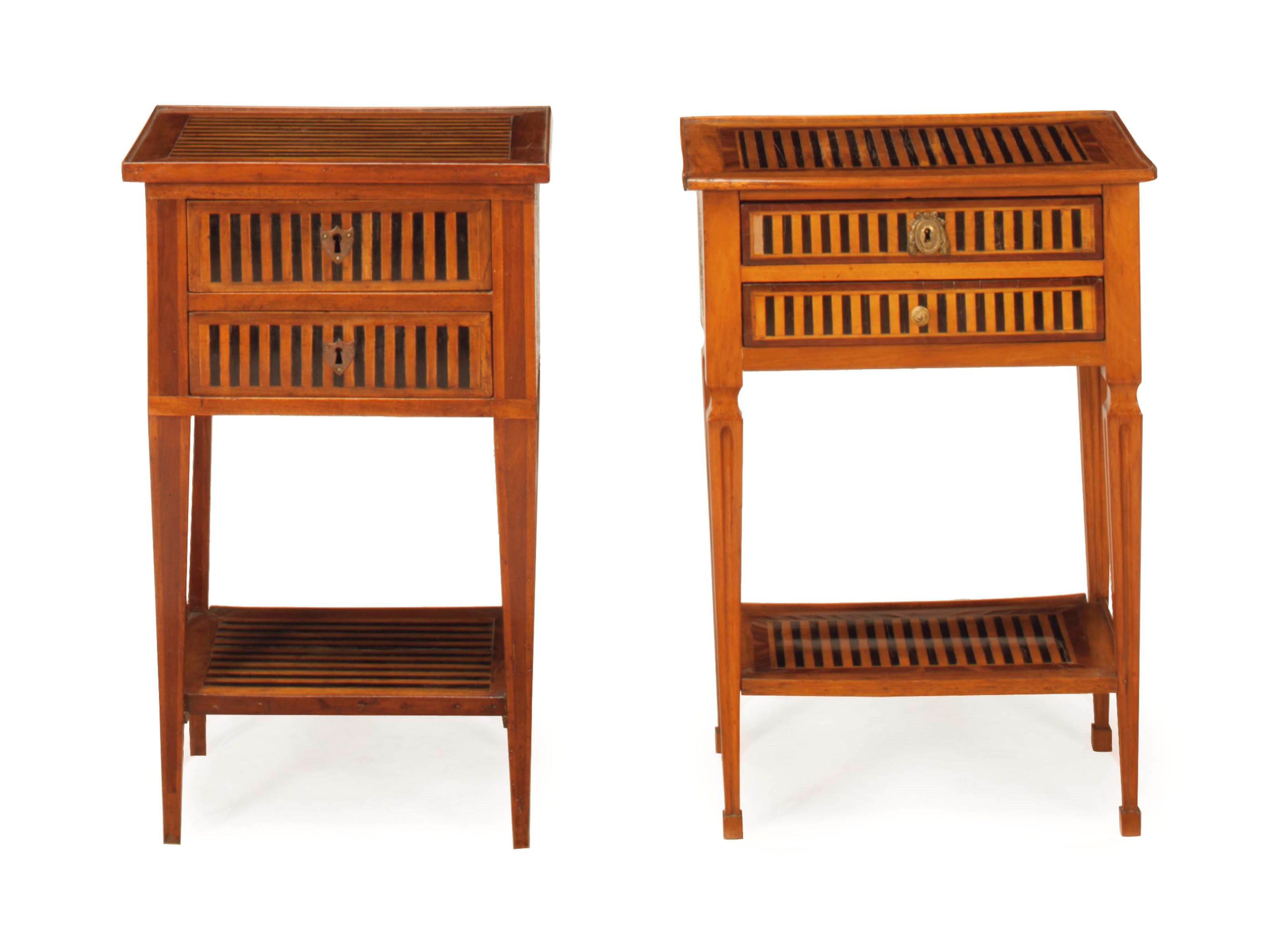TWO SIMILAR CONTINENTAL EBONIZED WOOD-INLAID FRUITWOOD TWO-DRAWER SIDE TABLES,