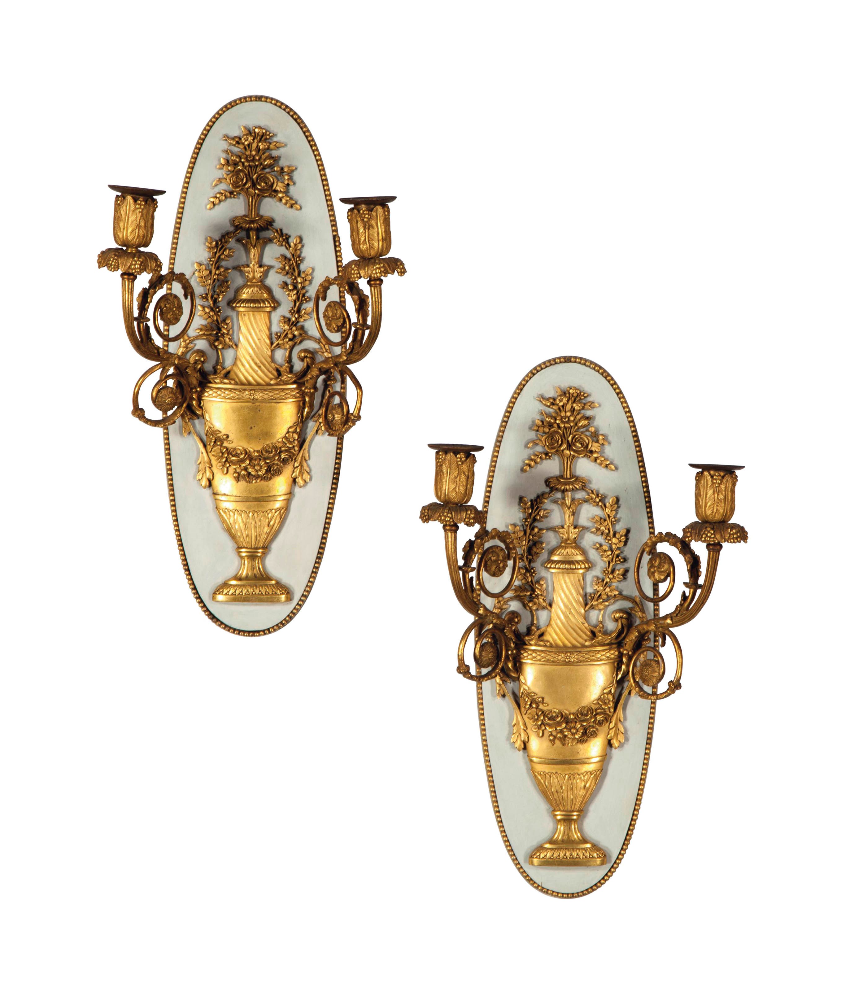 A PAIR OF ASSEMBLED GILT METAL AND PAINTED WOOD TWO-LIGHT WALL LIGHTS,