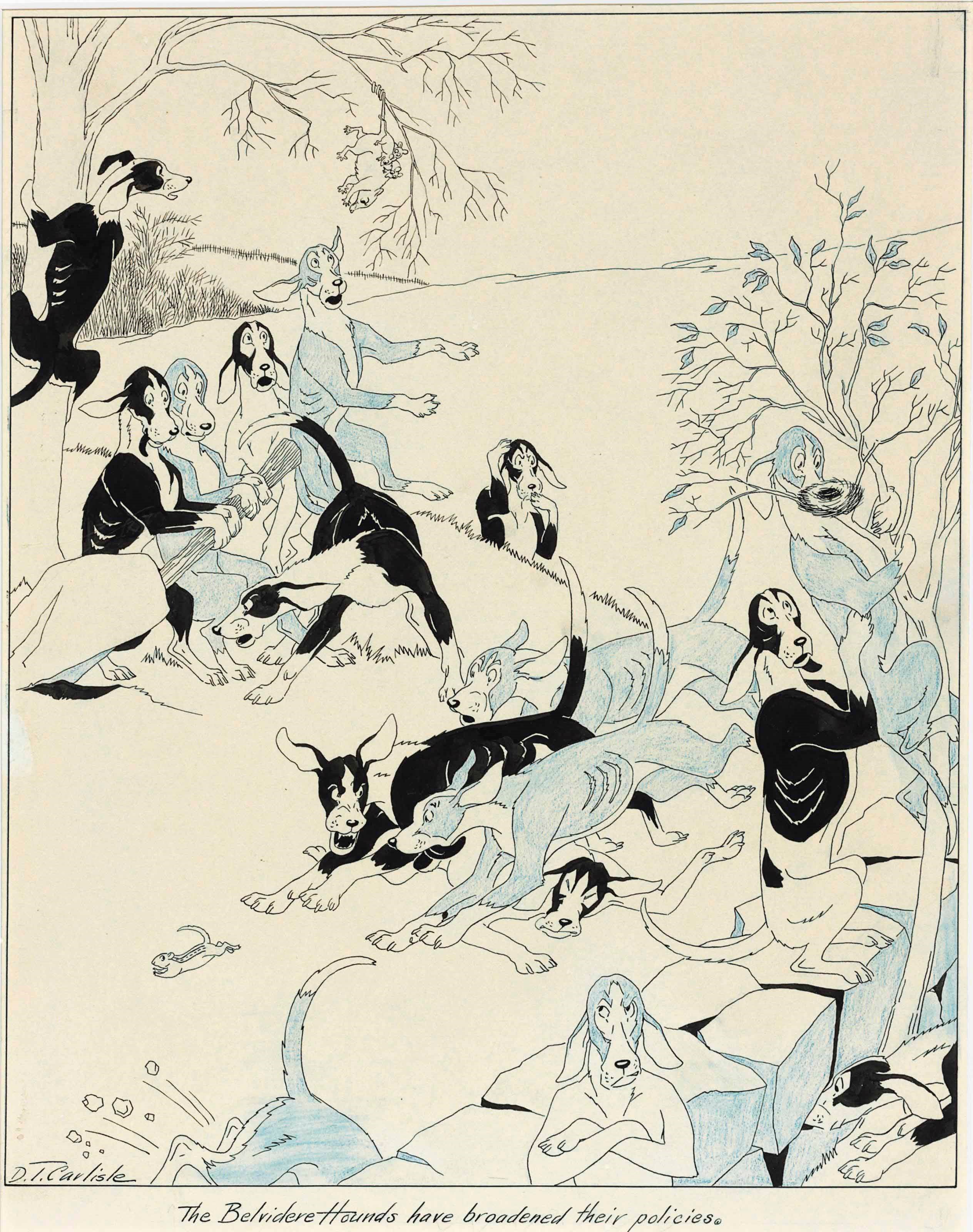 CARLISLE, D.T. "The Belvidere Hounds." New York, 1935.   2 original pen-and-ink comic drawings  on illustration board, signed in pen by the artist. Each print approximately 438 x 350 mm. Modern red quarter morocco folding case.