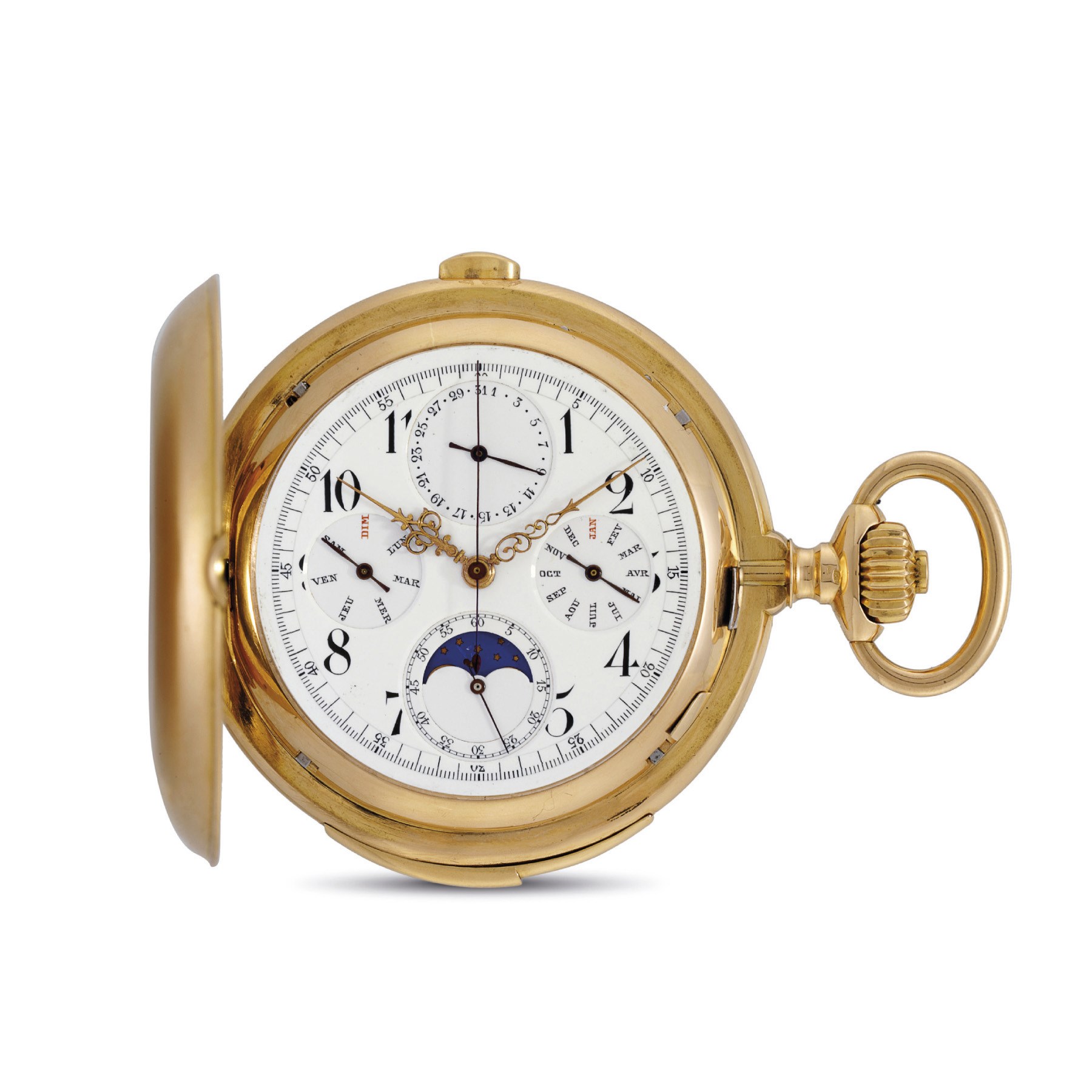 SWISS. AN 18K PINK GOLD HUNTER CASE MINUTE REPEATING TRIPLE CALENDAR CHRONOGRAPH KEYLESS LEVER WATCH WITH MOON PHASES
