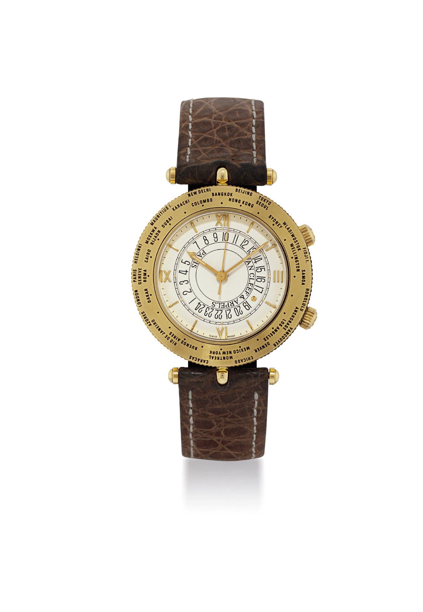 VAN CLEEF & ARPELS. AN 18K GOLD WORLD TIME WRISTWATCH WITH SWEEP CENTRE SECONDS AND ALARM