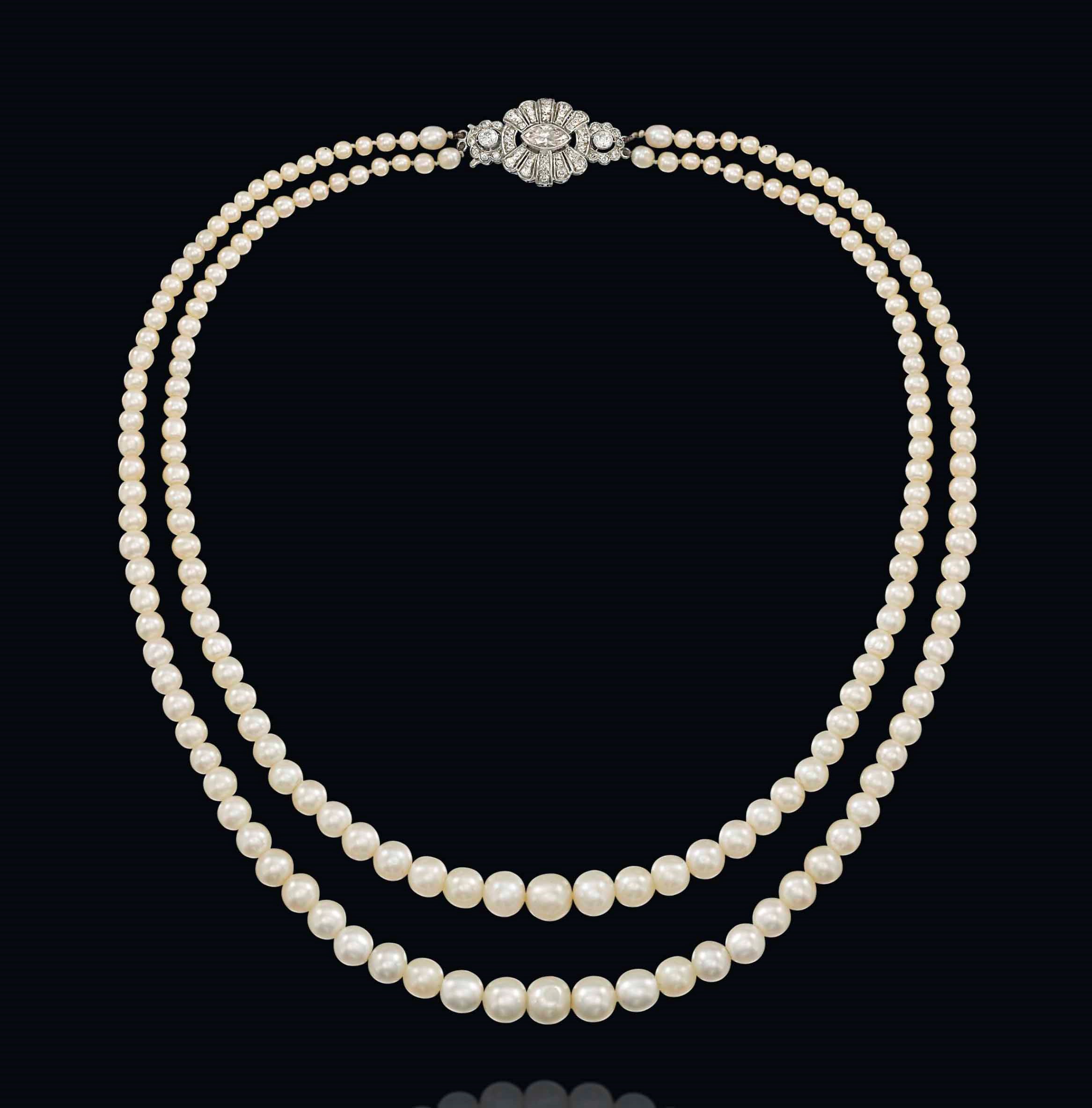 A NATURAL PEARL AND DIAMOND NECKLACE