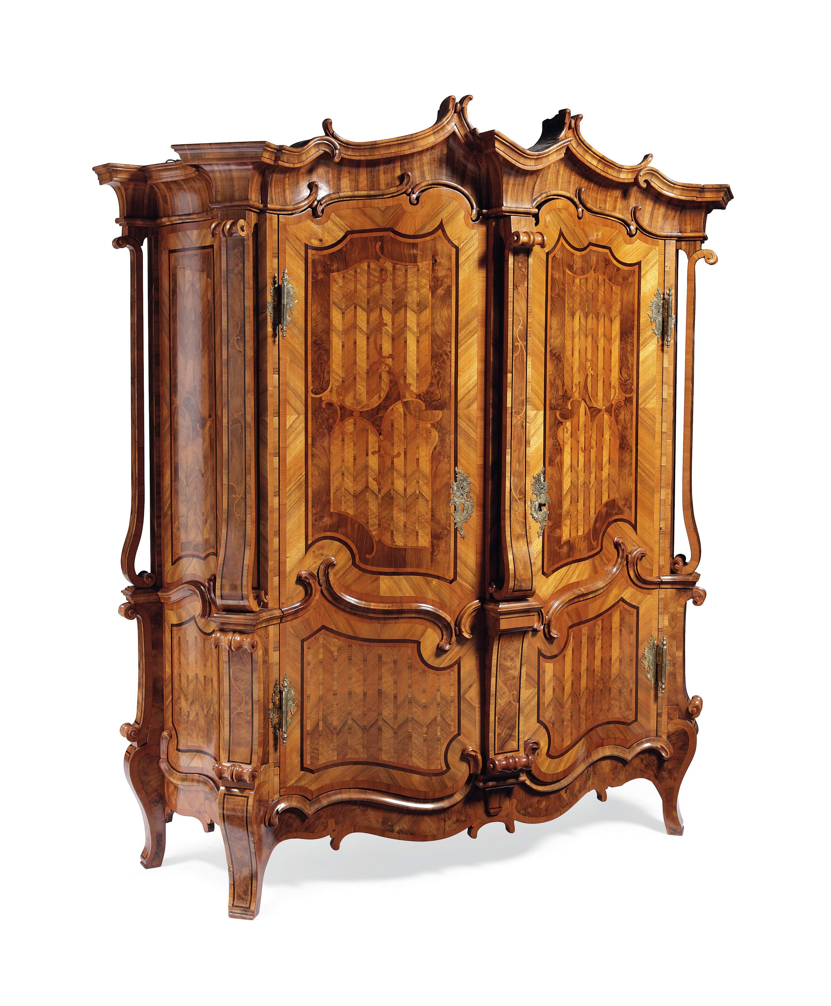A German ormolu-mounted walnut, figured walnut, fruitwood and marquetry cupboard