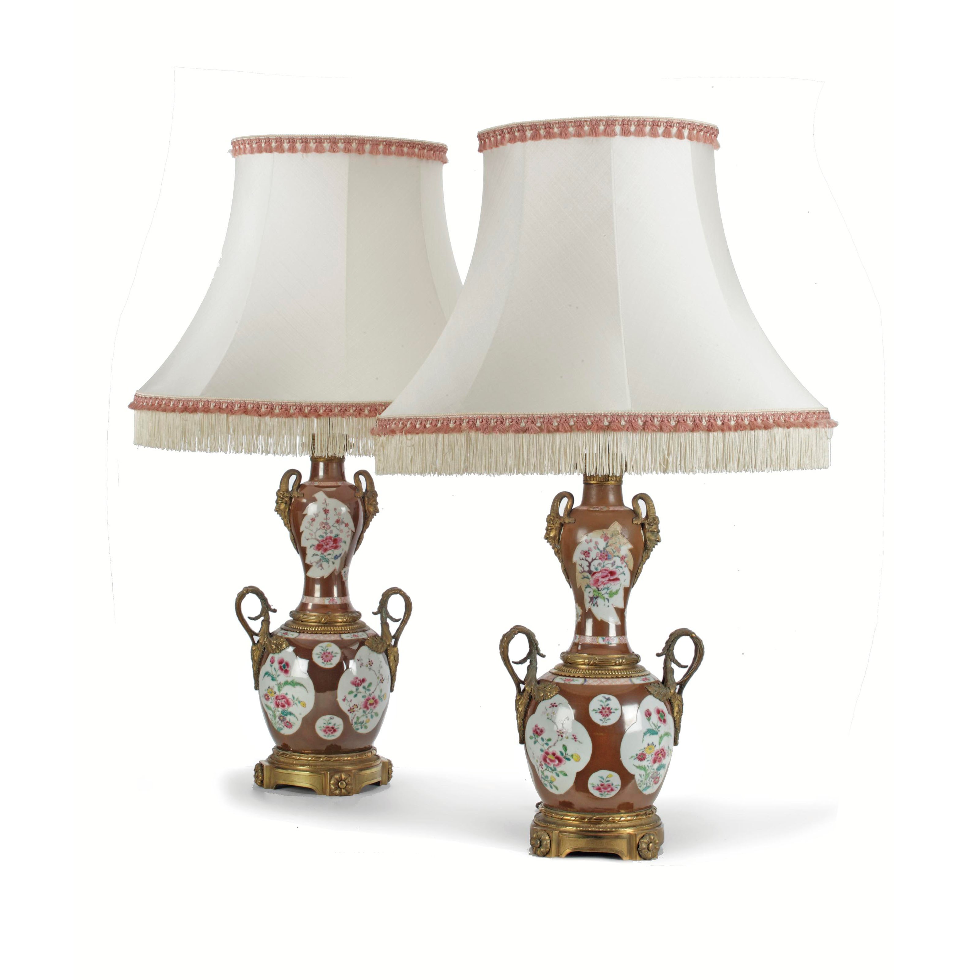 A pair of ormolu-mounted Chinese famille rose Batavian ware assembled vases mounted as lamps