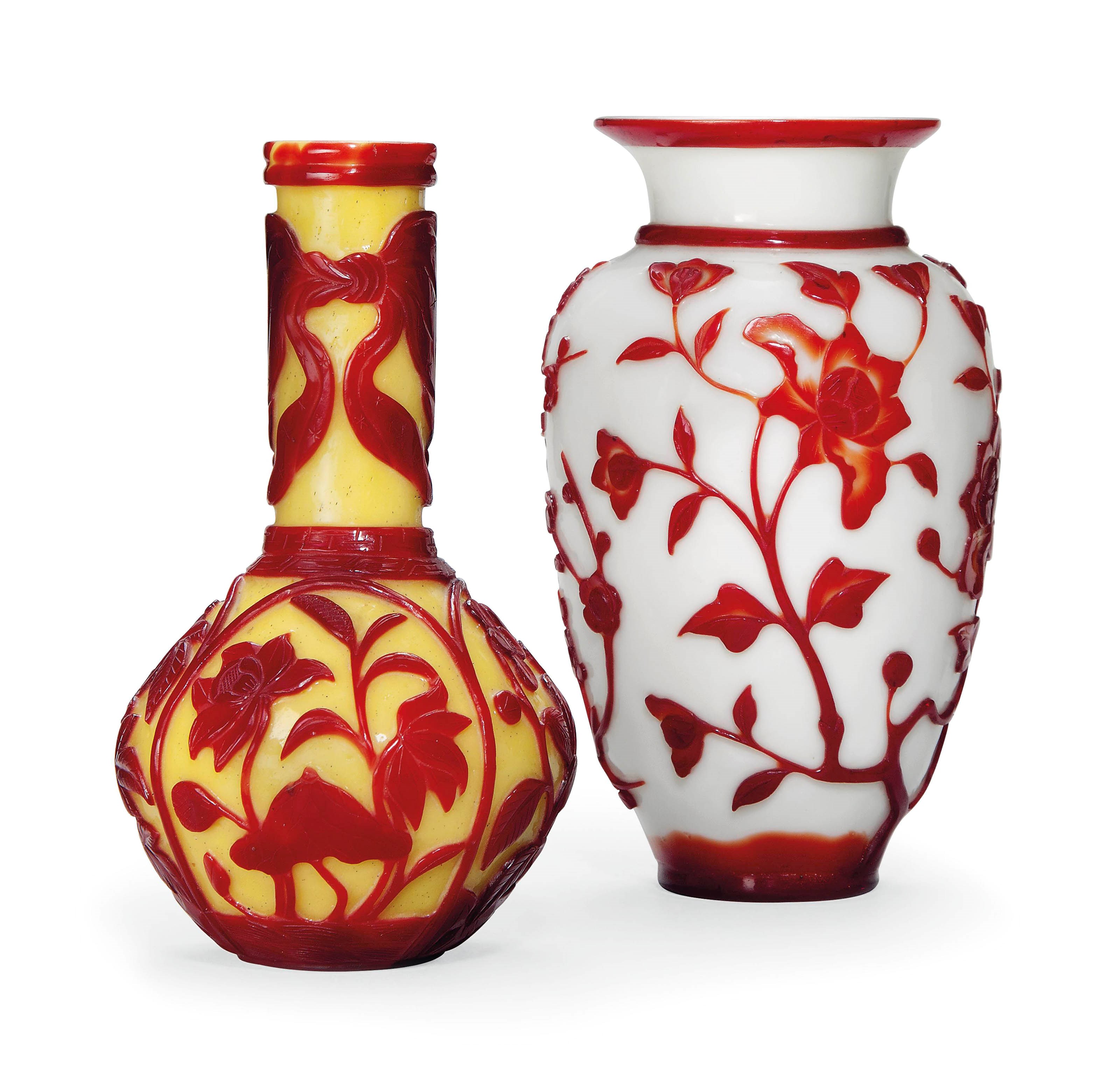 TWO CHINESE RED-OVERLAY OPAQUE GLASS VASES