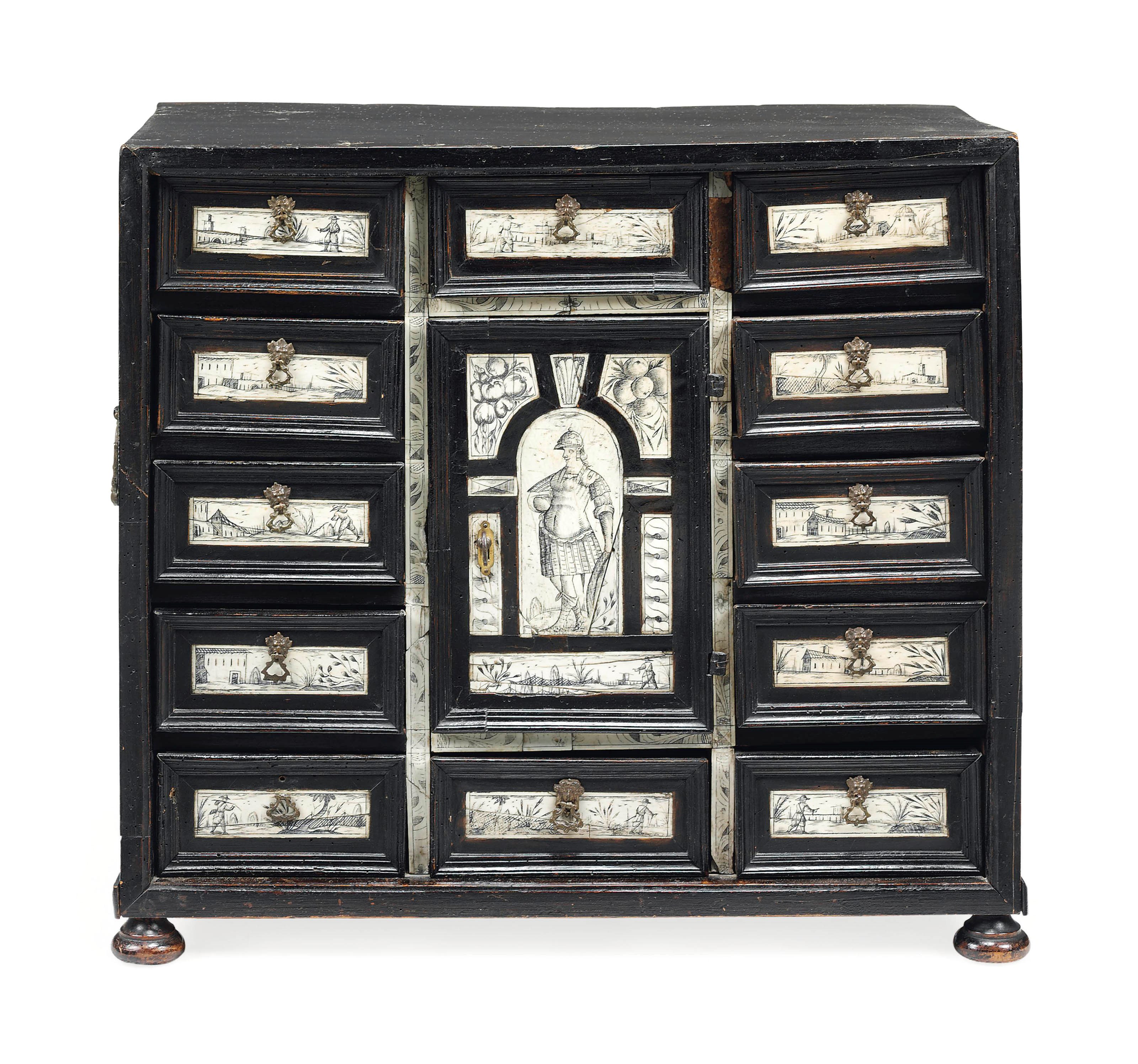 AN ITALIAN ENGRAVED-BONE-INLAID AND EBONISED TABLE CABINET