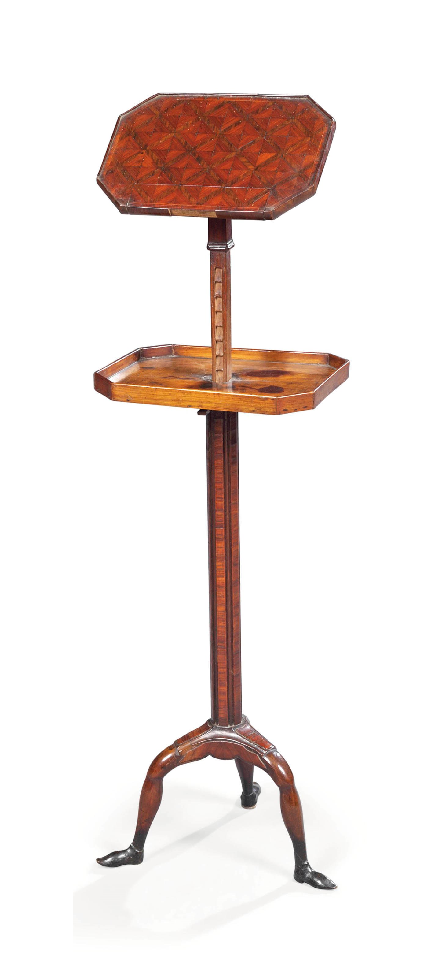 A NORTH ITALIAN WALNUT, TULIPWOOD AND PARQUETRY TRIPOD READING-STAND