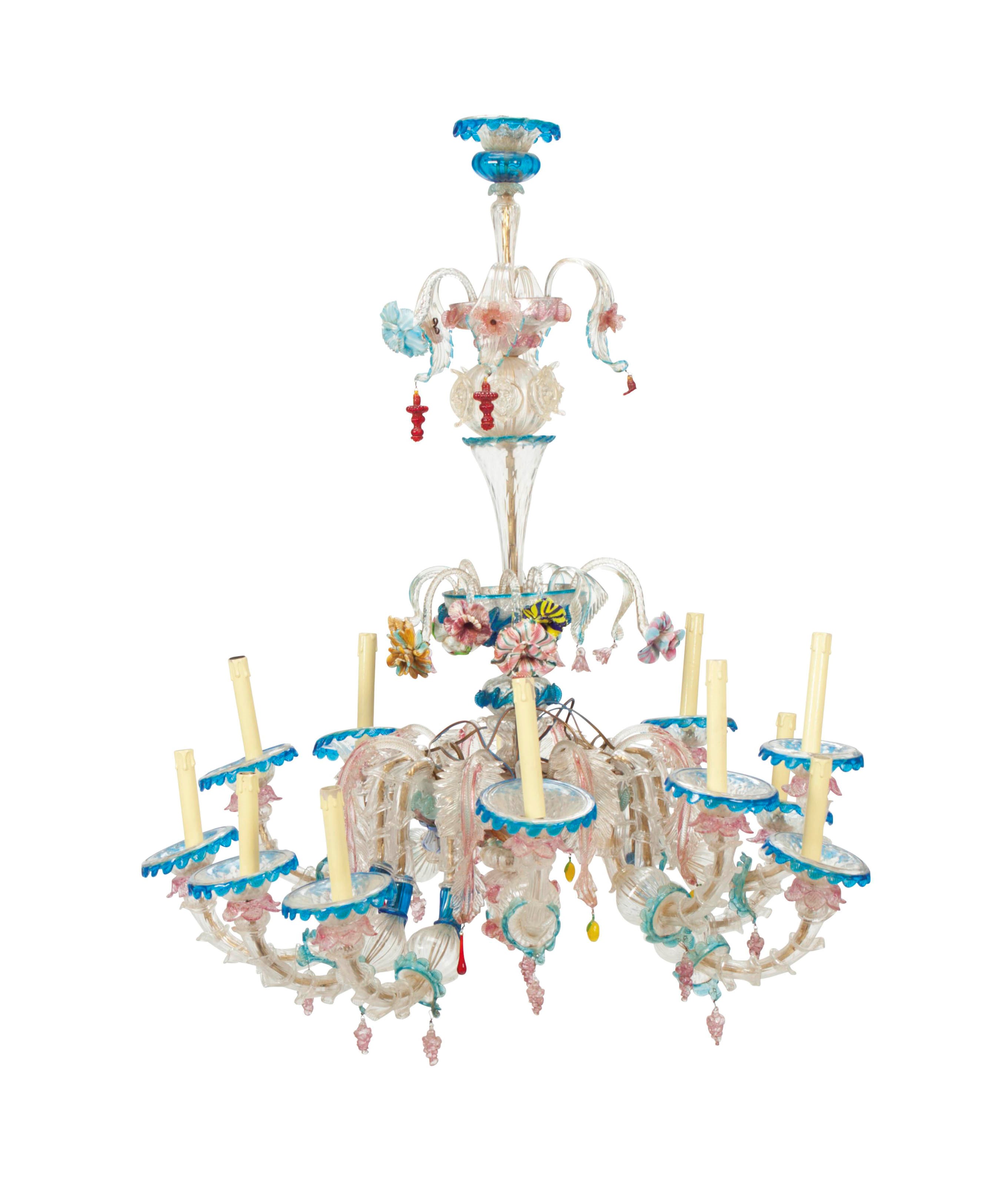 A VENETIAN CLEAR AND COLORED-GLASS TWELVE-LIGHT CHANDELIER,