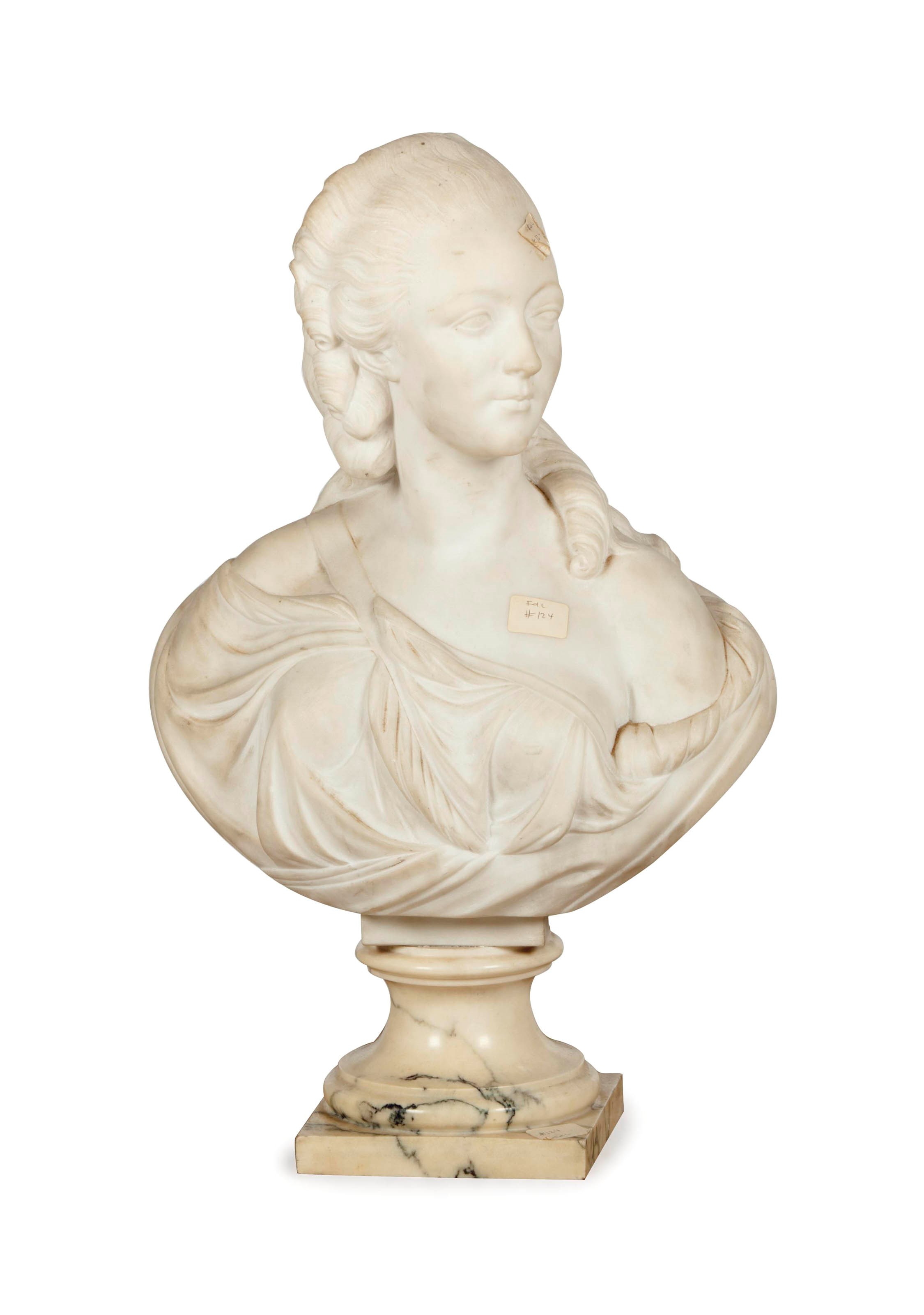 A CONTINENTAL MARBLE BUST OF A LADY,