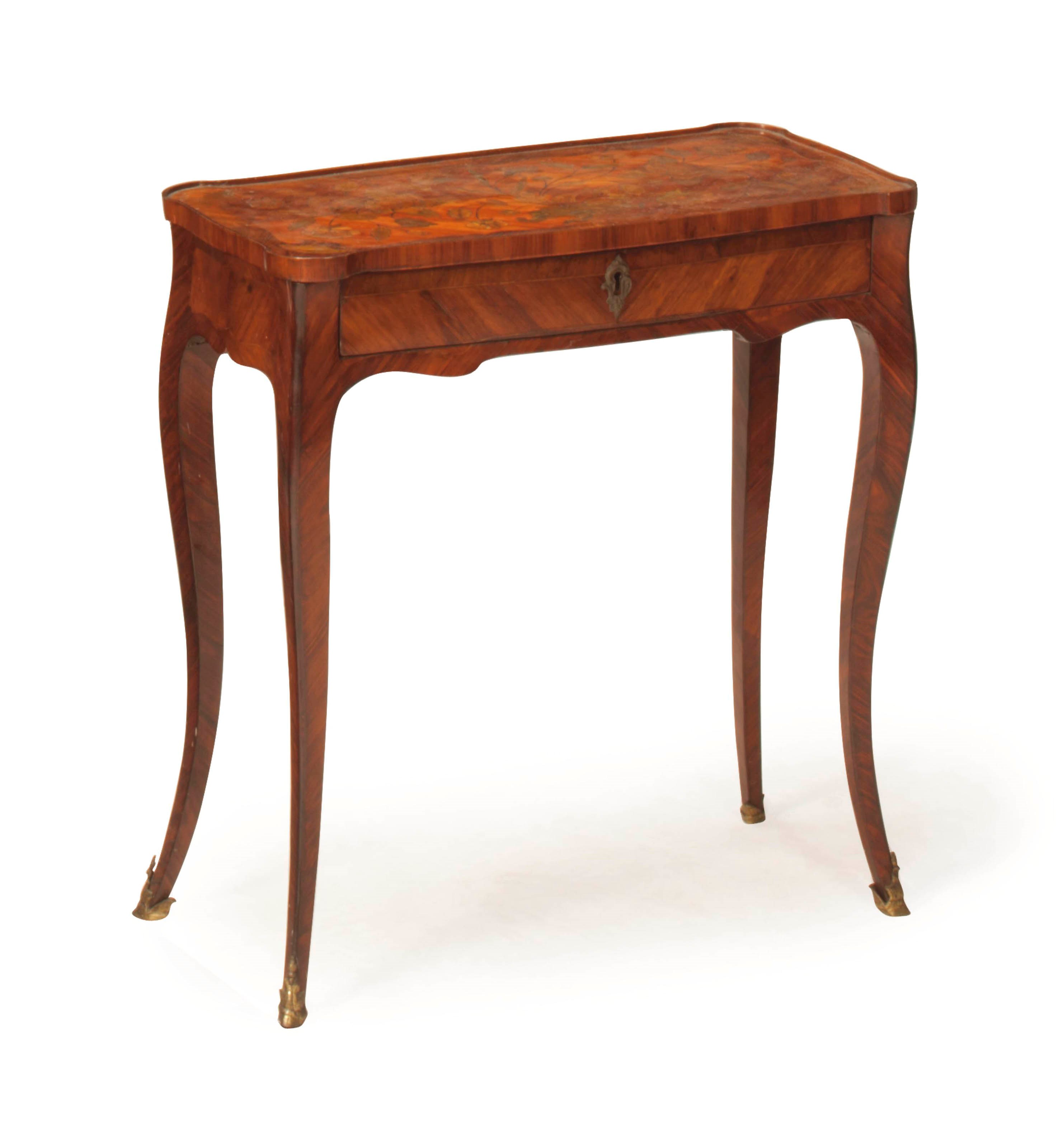 A LOUIS XV ORMOLU-MOUNTED KINGWOOD, TULIPWOOD AND FLORAL MARQUETRY SIDE TABLE,