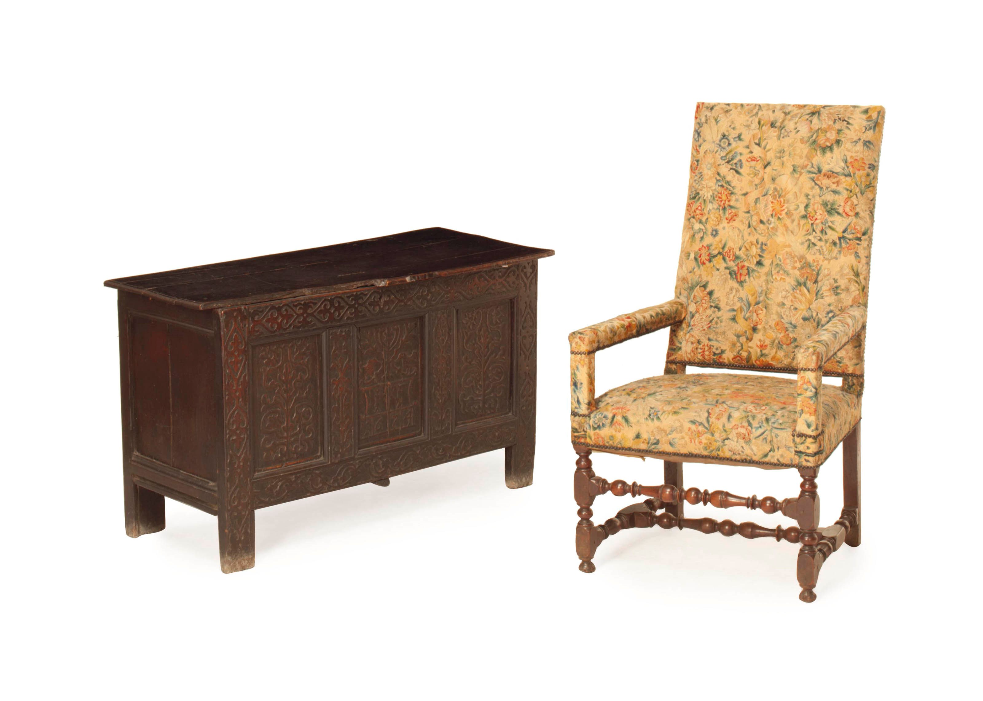 AN ITALIAN WALNUT AND FLORAL TAPESTRY-COVERED ARMCHAIR,