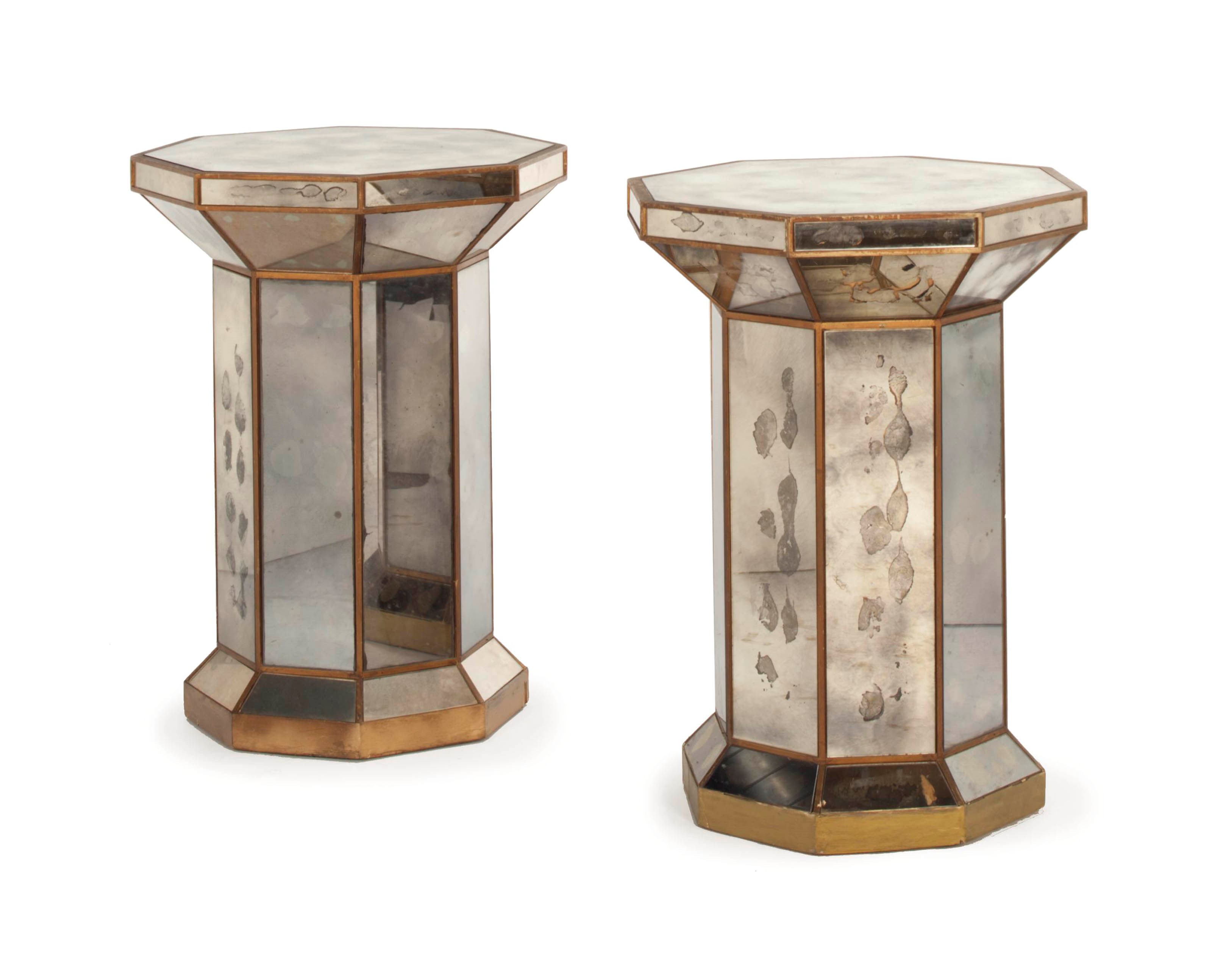 A PAIR OF PARCEL-GILT, WALNUT AND MIRRORED OCTAGONAL PEDESTALS,