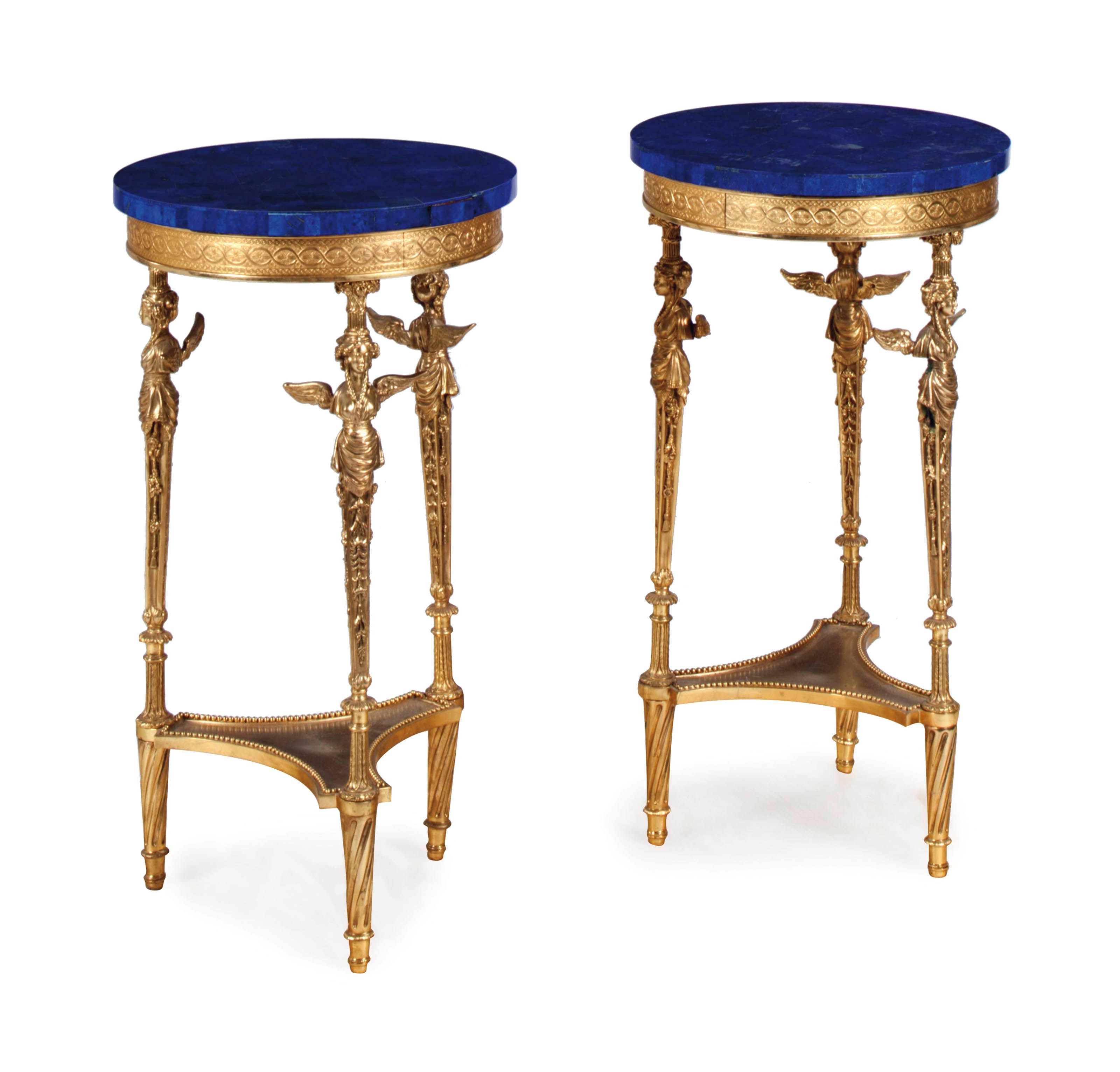 A PAIR OF EMPIRE STYLE GILT METAL GUERIDONS WITH LAPIS LAZULI TOPS,